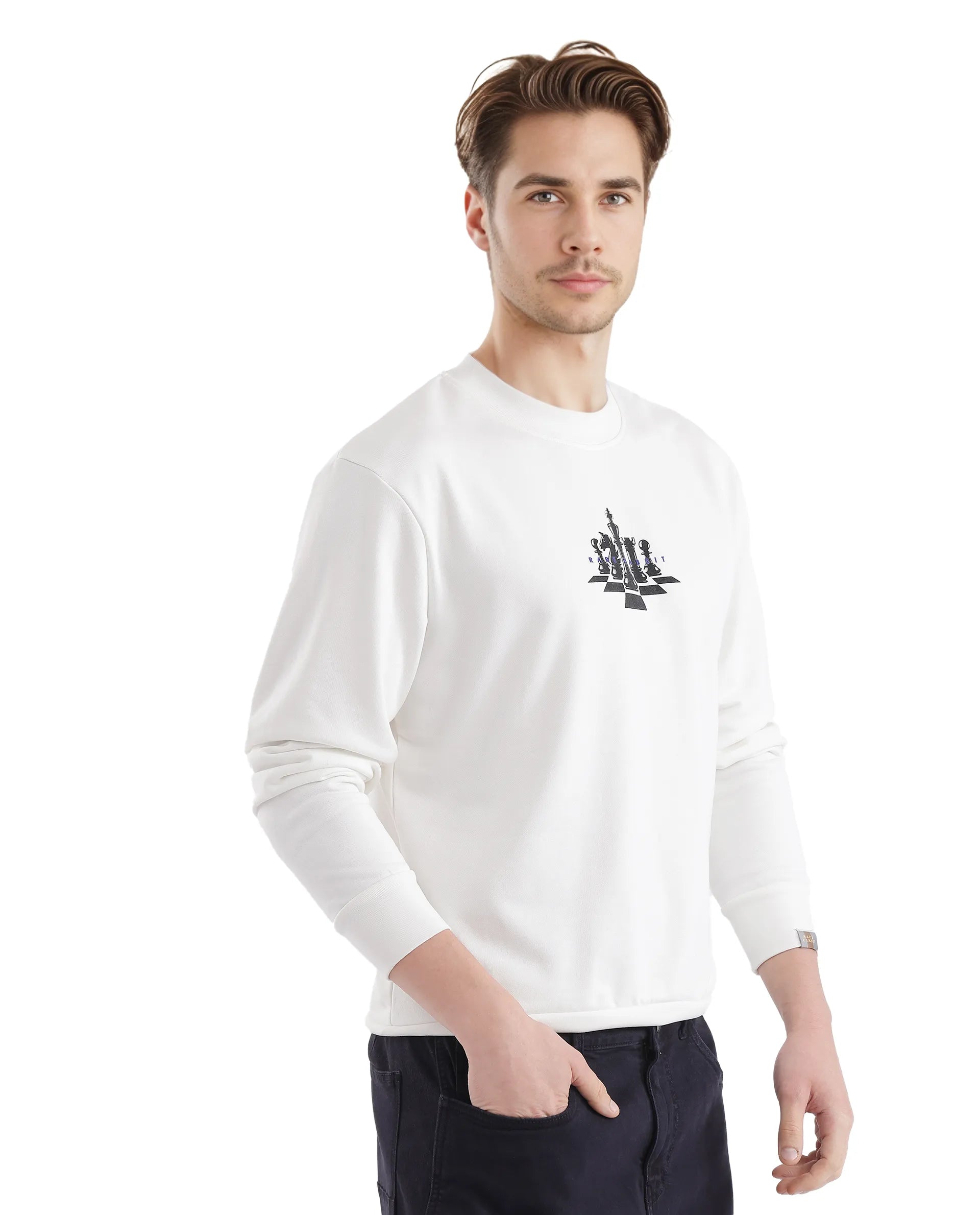 Rare Rabbit Men Marq Off White Cotton Polyester Fabric Full Sleeve Crew Neck Regular Fit Printed Sweatshirt