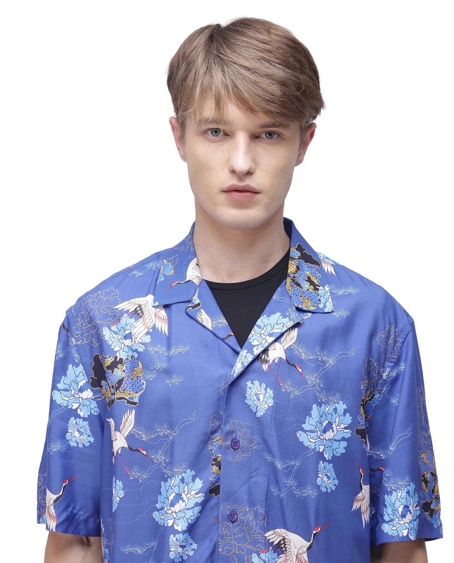 Rare Rabbit Men's Marque Blue Viscose Floral Print Boxy Fit Half Sleeve Cuban Collar Shirt