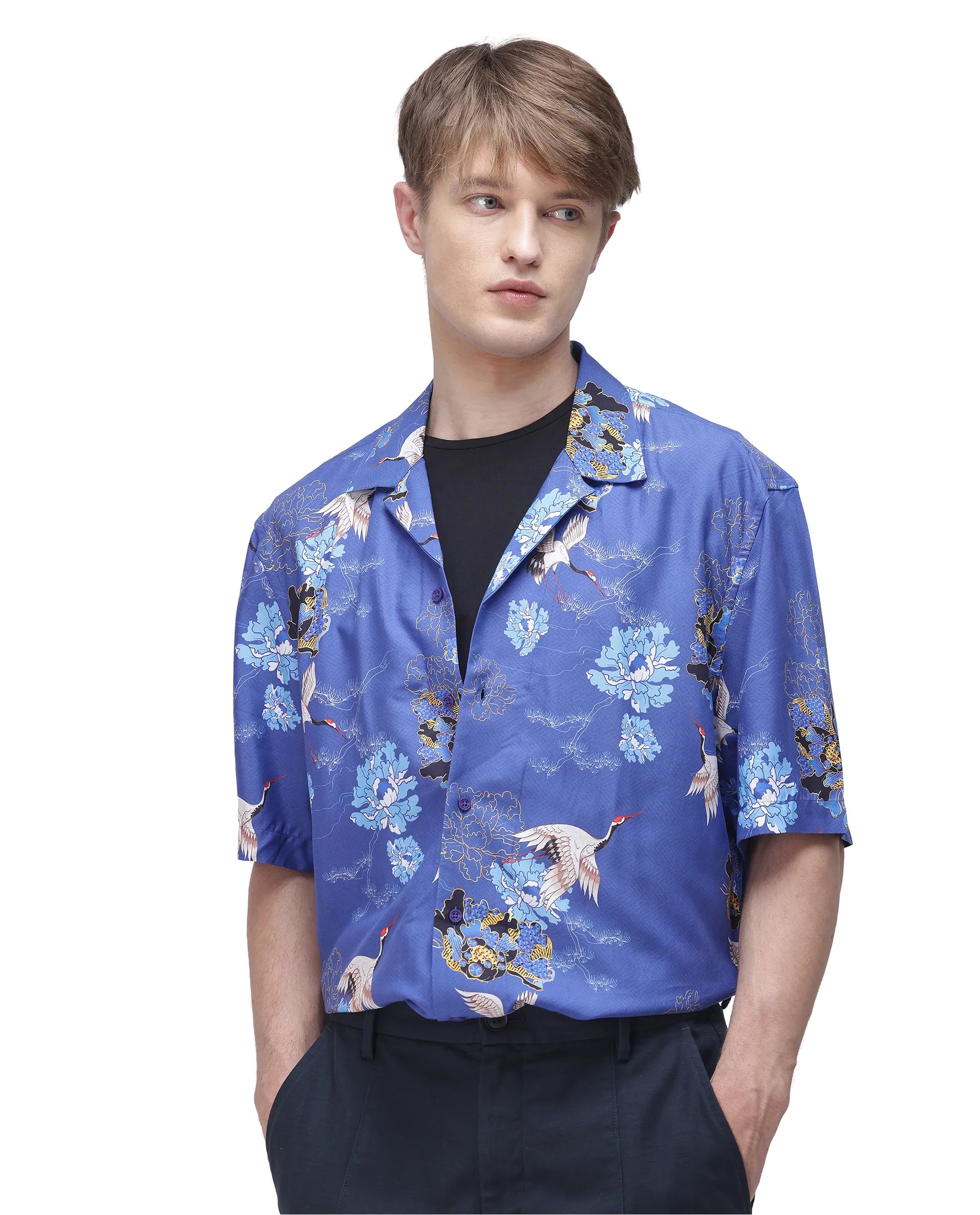 Rare Rabbit Men's Marque Blue Viscose Floral Print Boxy Fit Half Sleeve Cuban Collar Shirt