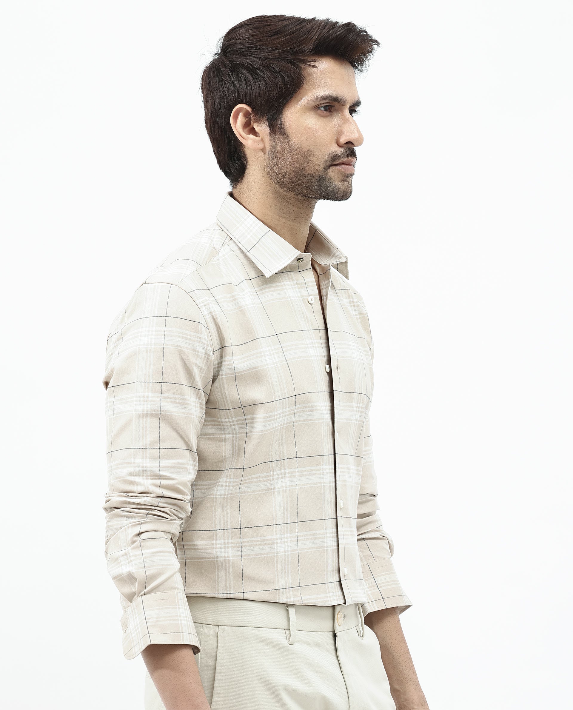 Rare Rabbit Men's Marron Beige Cotton Fabric Full Sleeve Regular Fit Checks Shirt