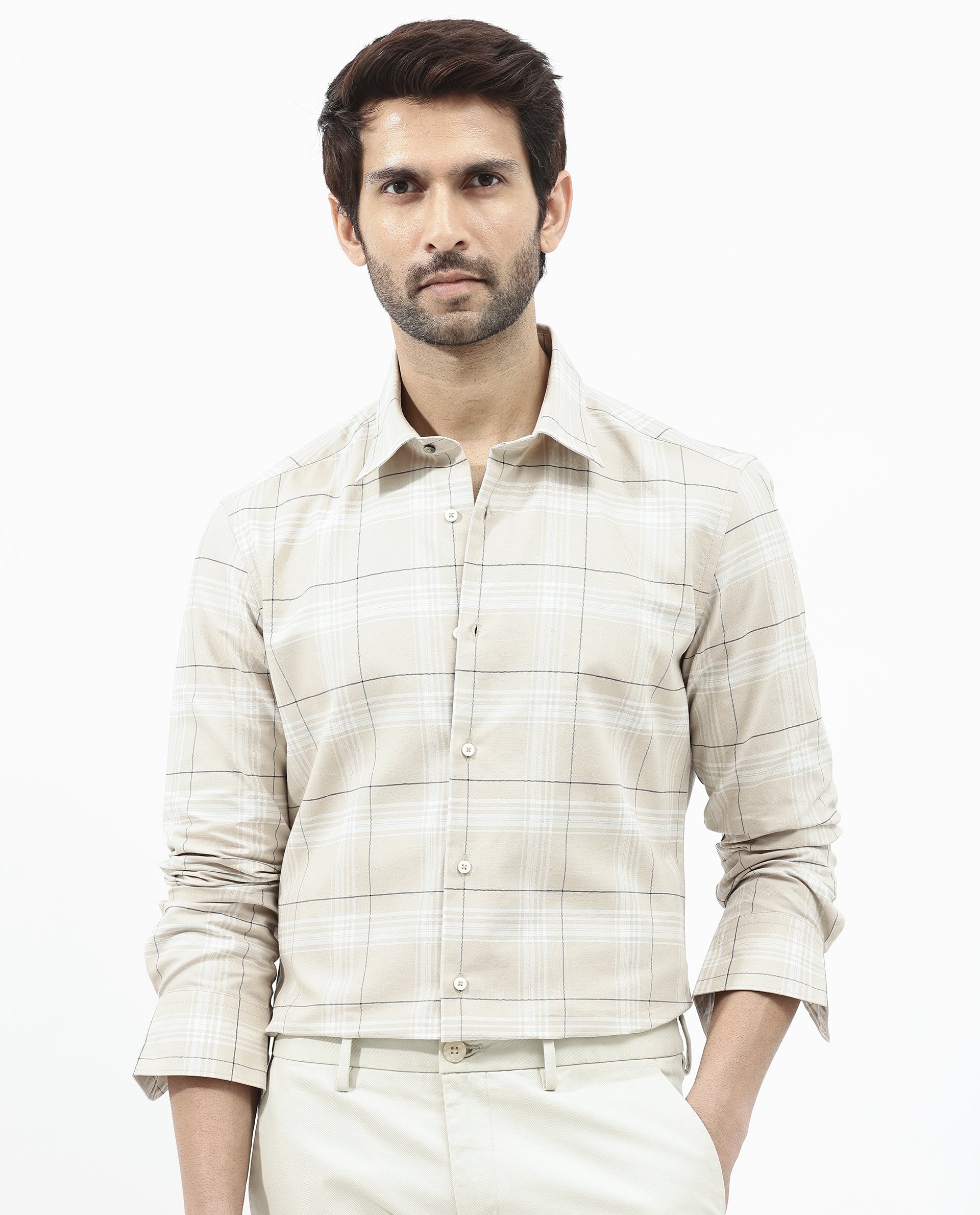 Rare Rabbit Men's Marron Beige Cotton Fabric Full Sleeve Regular Fit Checks Shirt