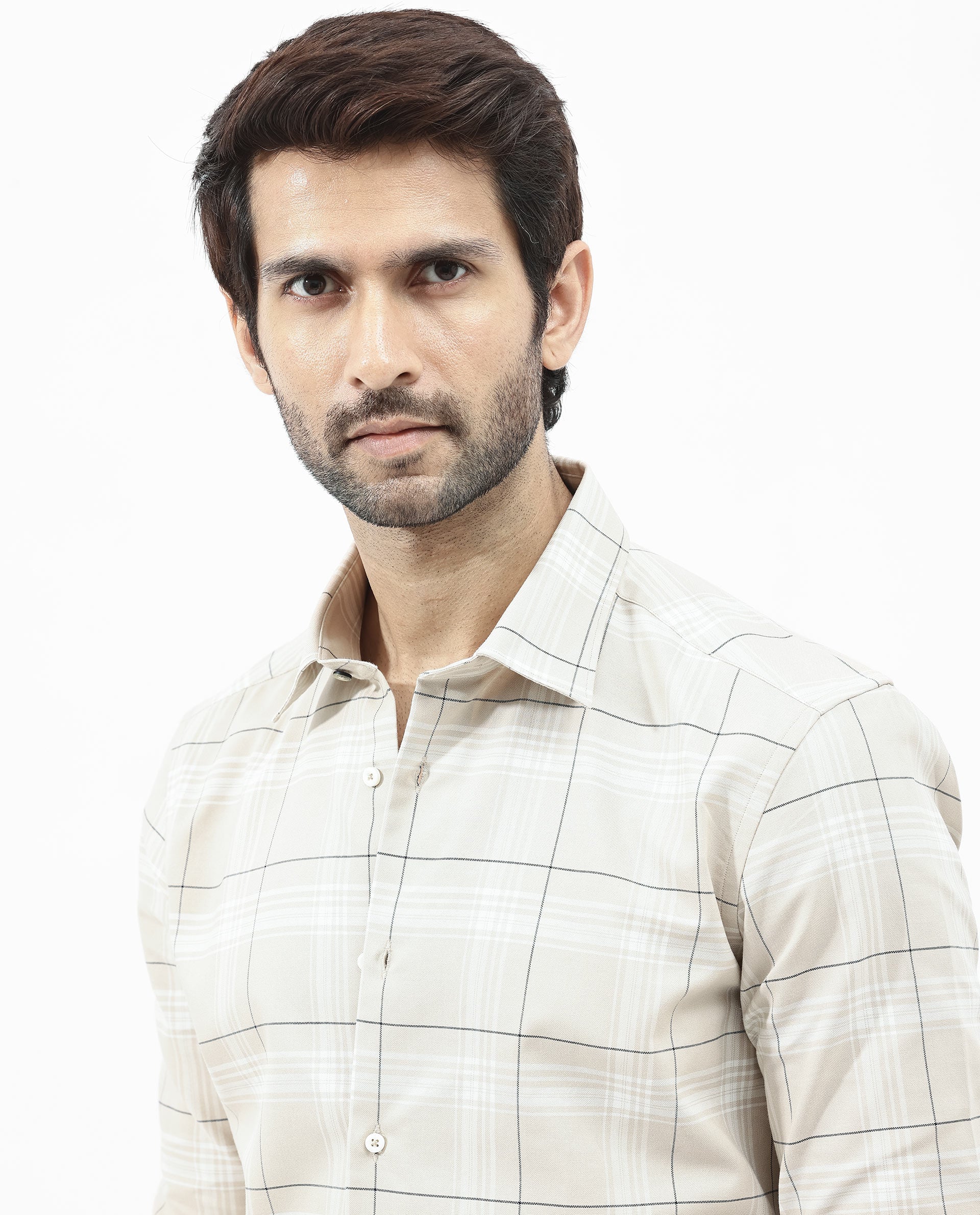 Rare Rabbit Men's Marron Beige Cotton Fabric Full Sleeve Regular Fit Checks Shirt