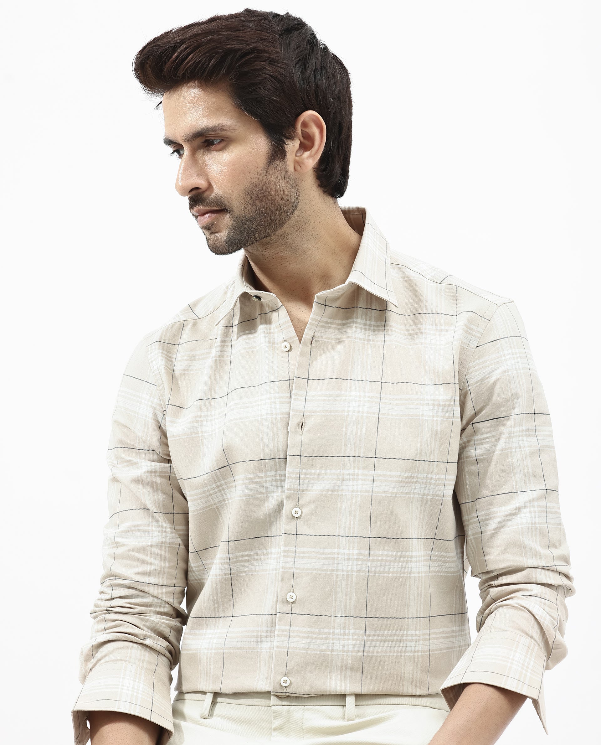 Rare Rabbit Men's Marron Beige Cotton Fabric Full Sleeve Regular Fit Checks Shirt