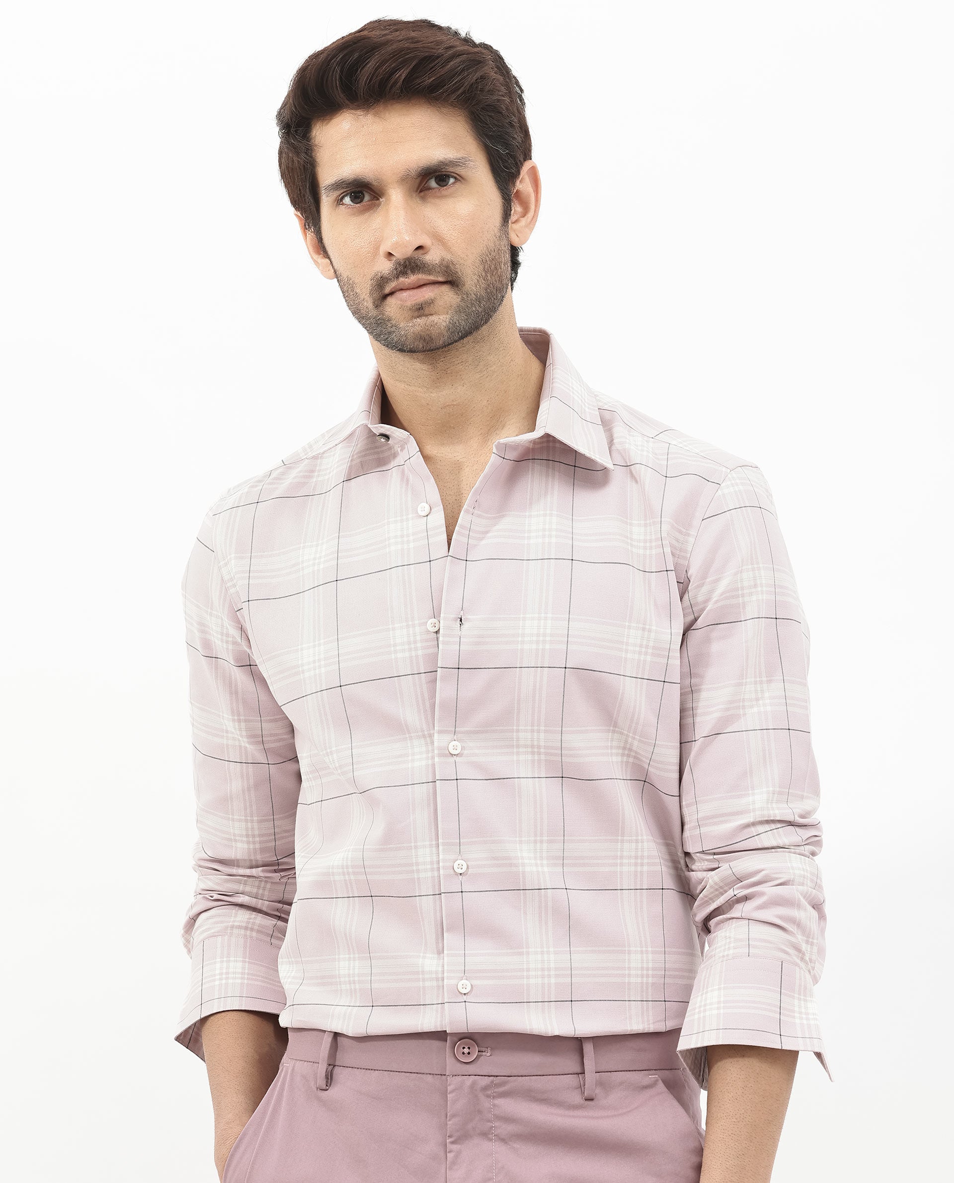 Rare Rabbit Men's Marron Dusky Purple Cotton Fabric Full Sleeve Regular Fit Checks Shirt