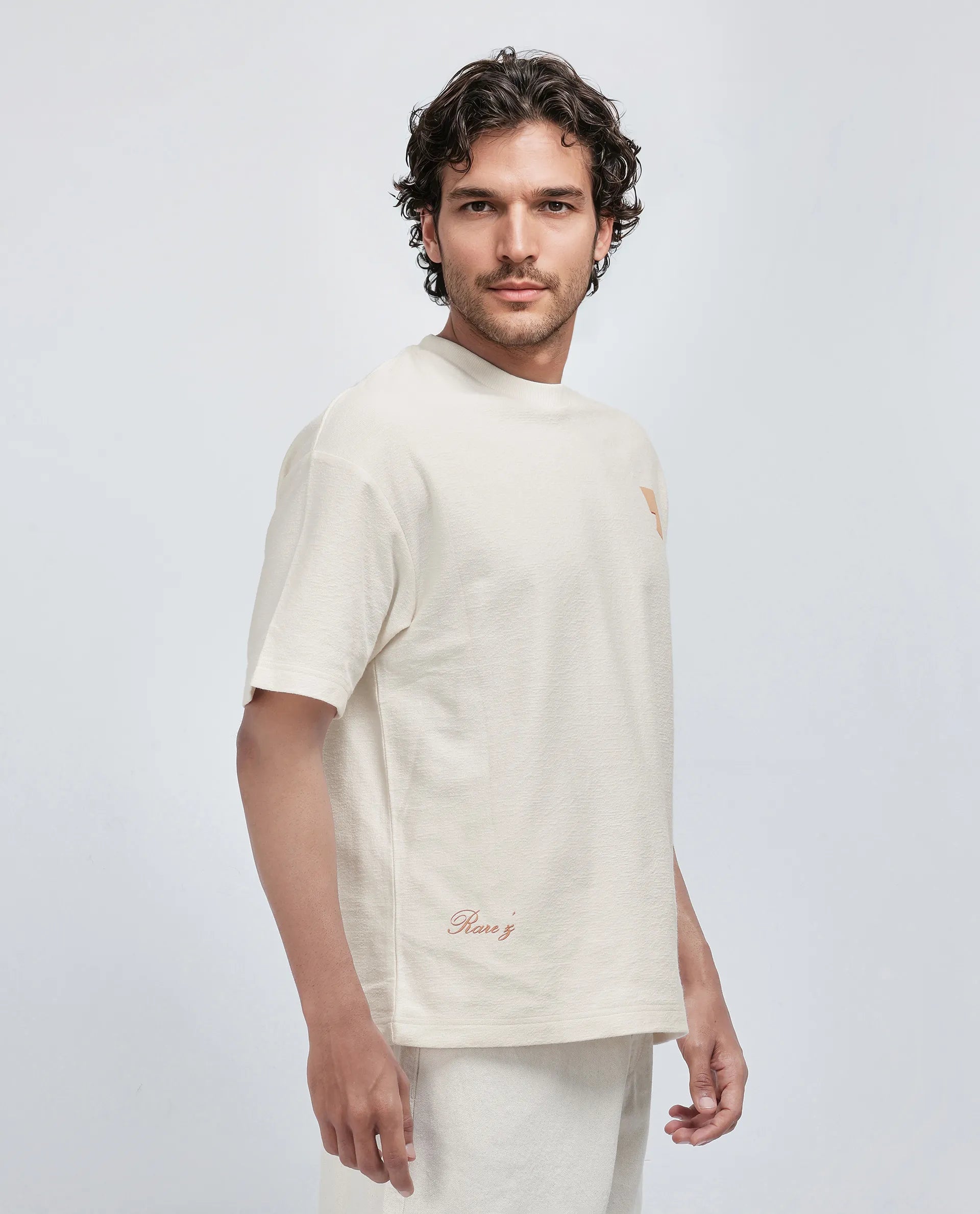Rare Rabbit Men Marsa Off White Cotton Blend Short Sleeve Slip-On Oversized Fit Jacquard T-Shirt