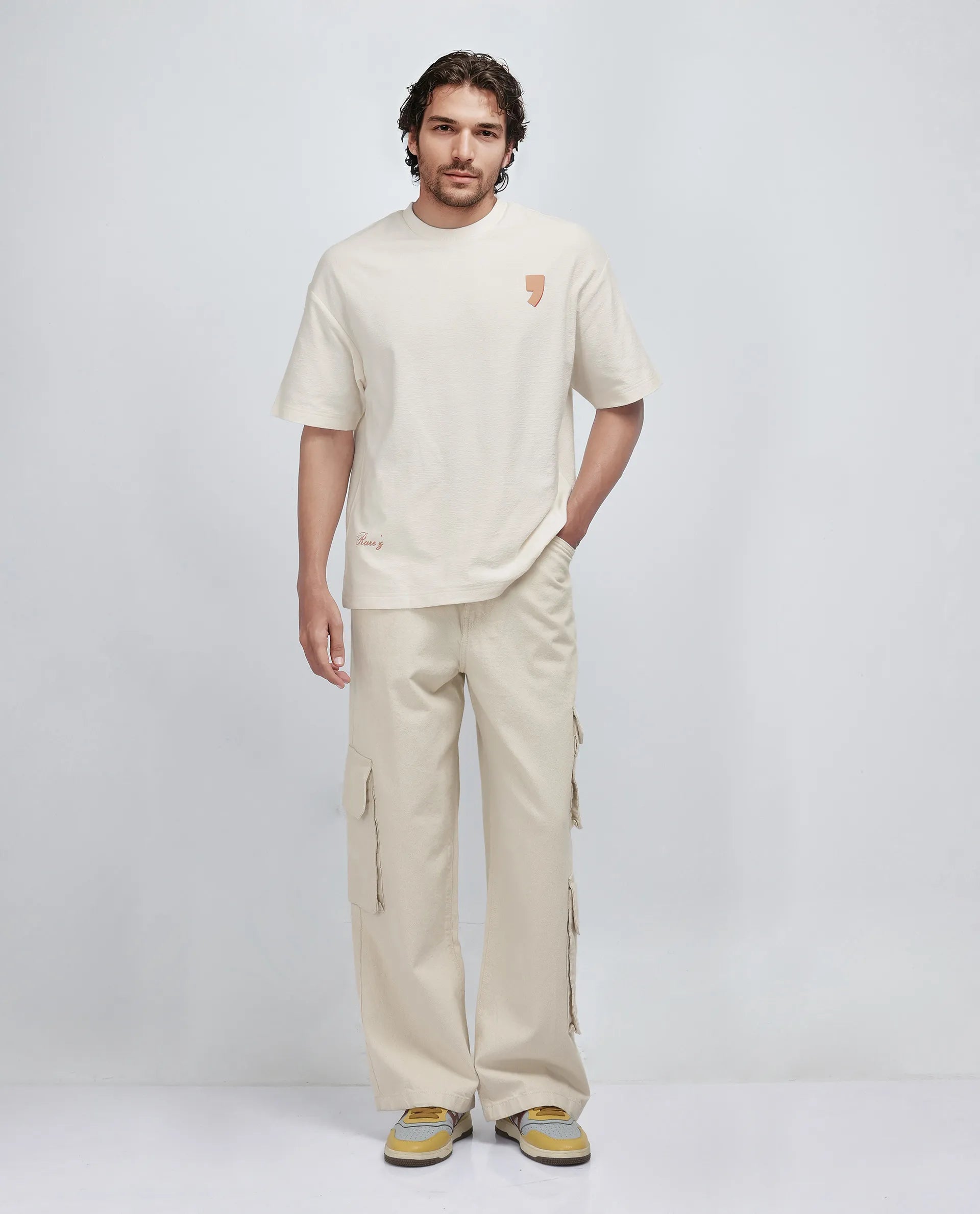 Rare Rabbit Men Marsa Off White Cotton Blend Short Sleeve Slip-On Oversized Fit Jacquard T-Shirt