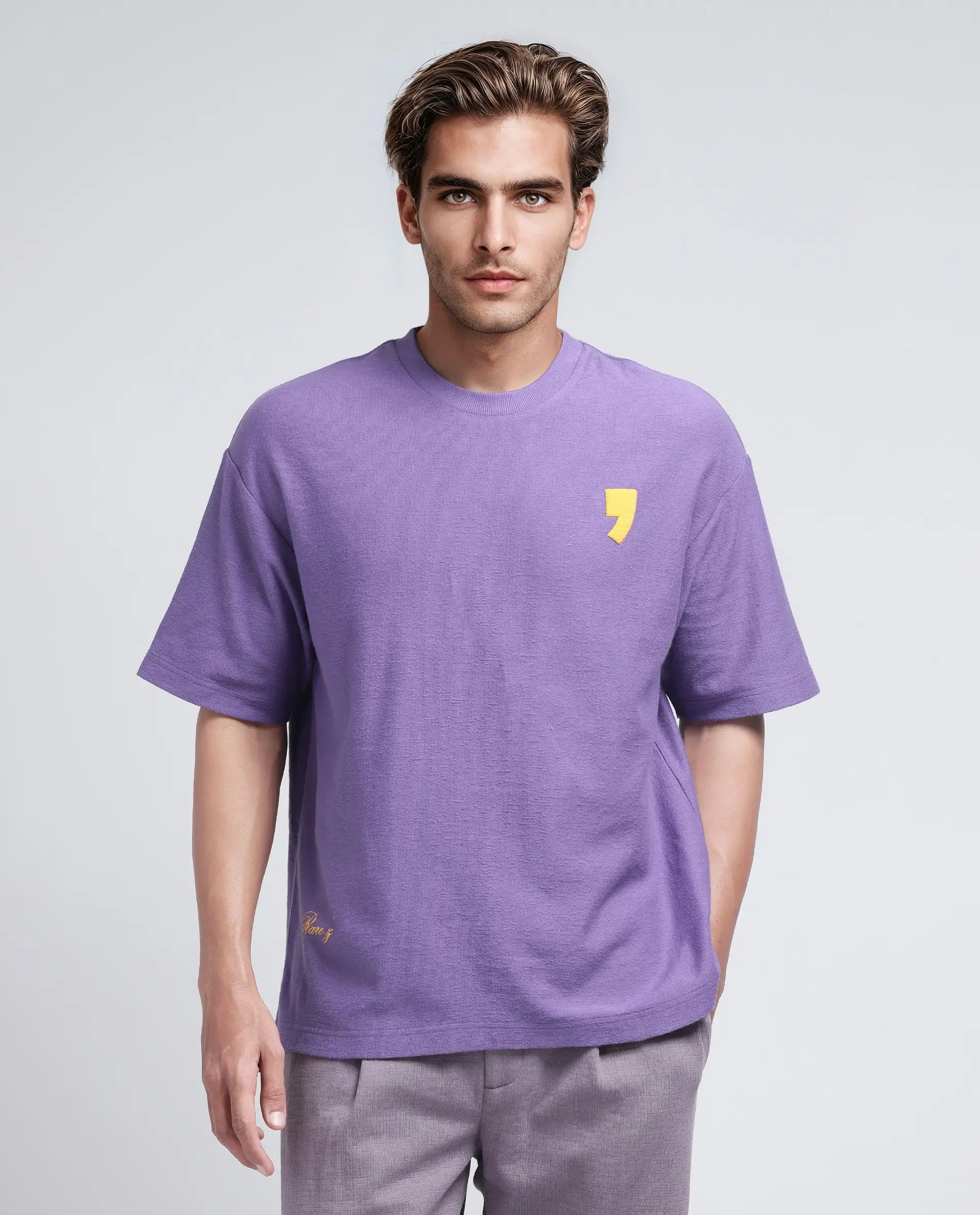 Rare Rabbit Men Marsa Purple Cotton Blend Short Sleeve Slip-On Oversized Fit Jacquard T-Shirt