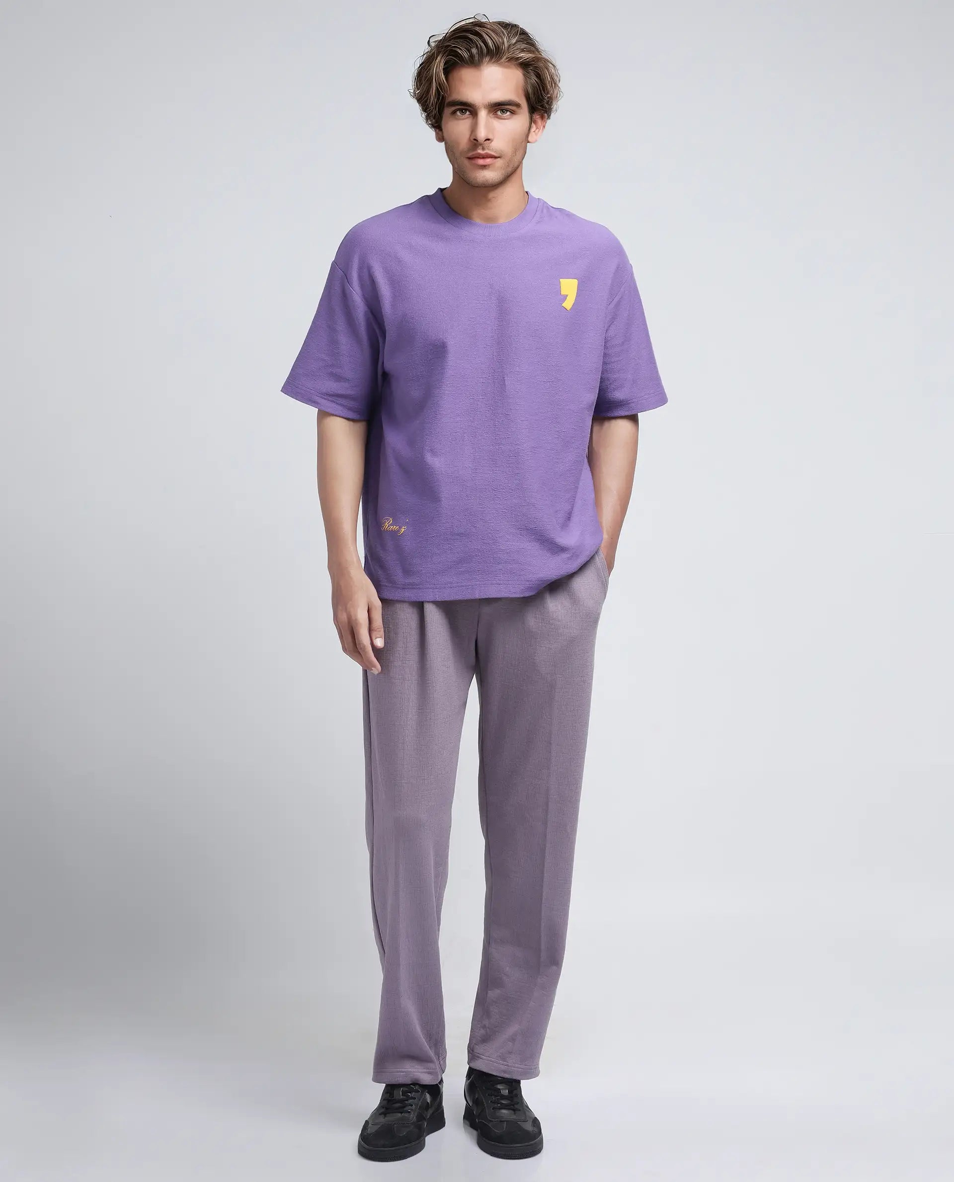 Rare Rabbit Men Marsa Purple Cotton Blend Short Sleeve Slip-On Oversized Fit Jacquard T-Shirt