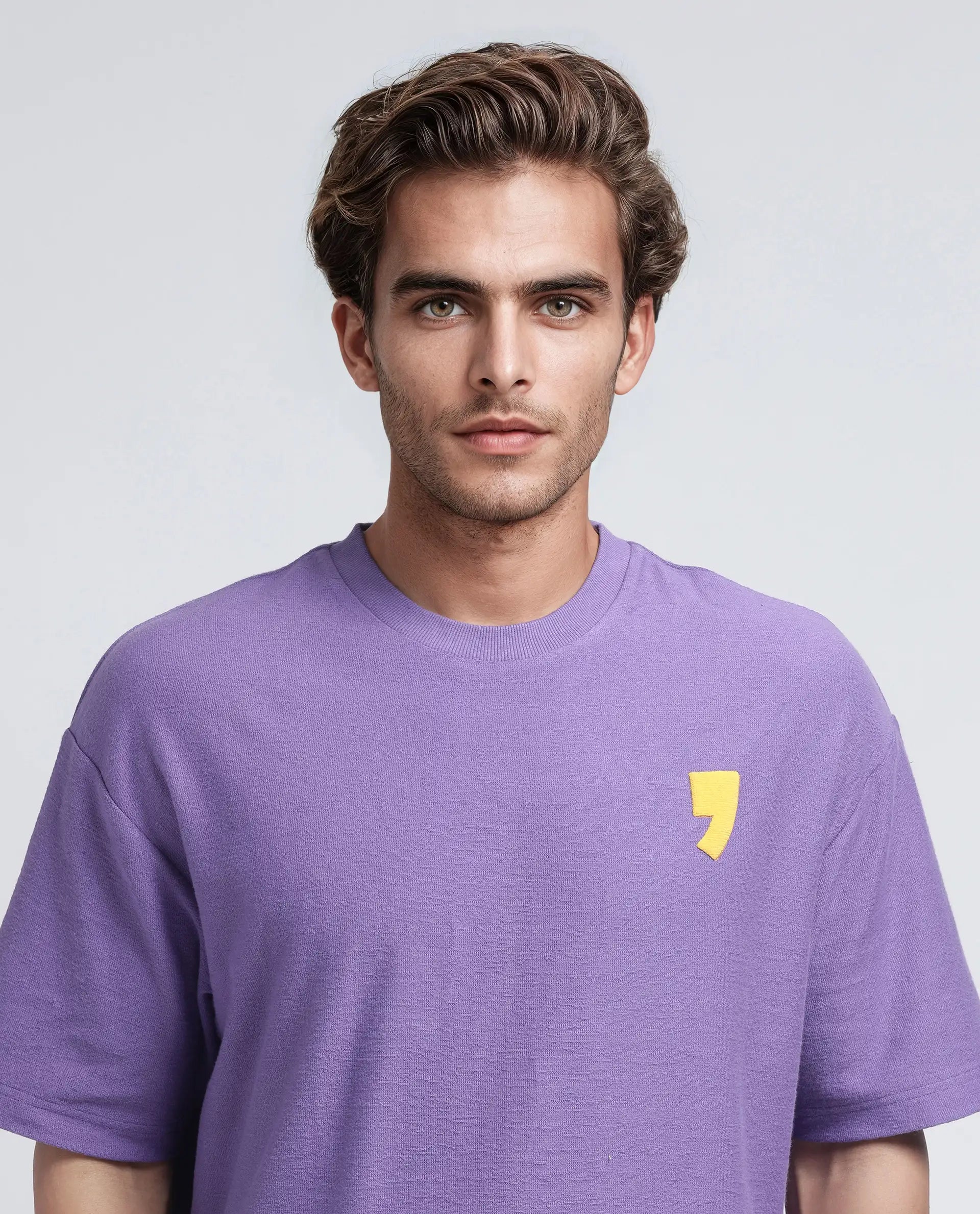 Rare Rabbit Men Marsa Purple Cotton Blend Short Sleeve Slip-On Oversized Fit Jacquard T-Shirt