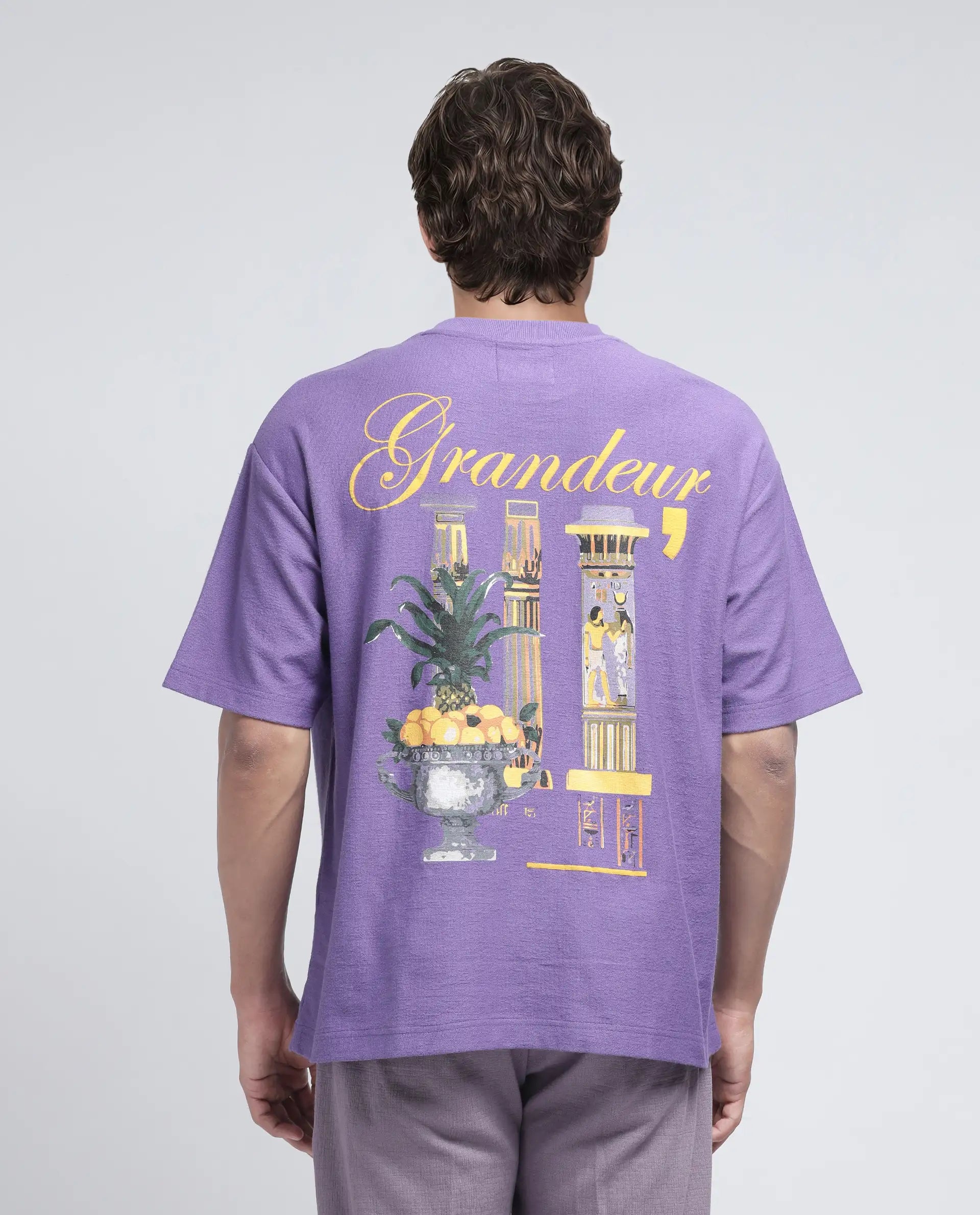 Rare Rabbit Men Marsa Purple Cotton Blend Short Sleeve Slip-On Oversized Fit Jacquard T-Shirt