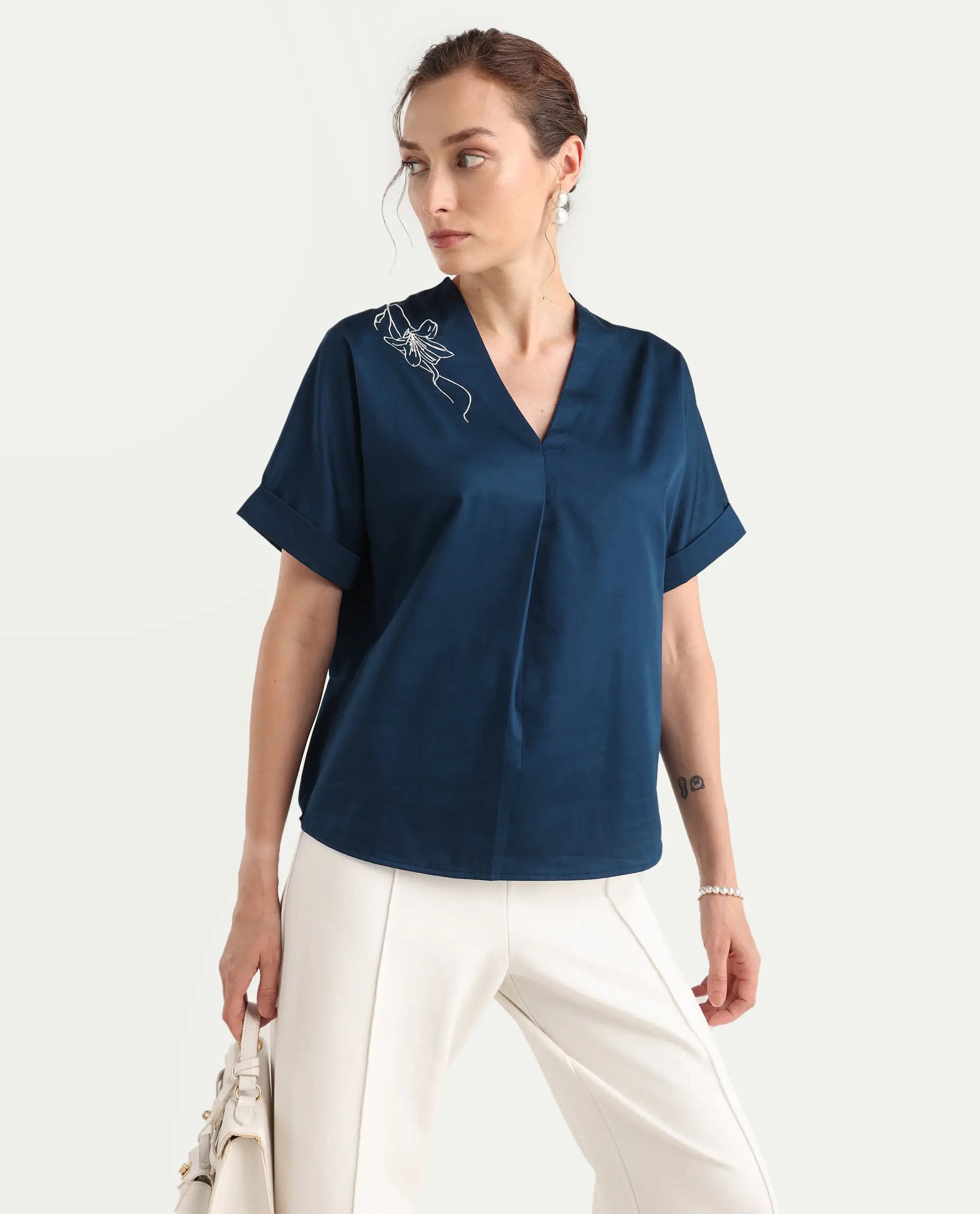 Rareism Women Pidet Blue Satin Cuffed Sleeves Boat Neck Button Closure Plain Top