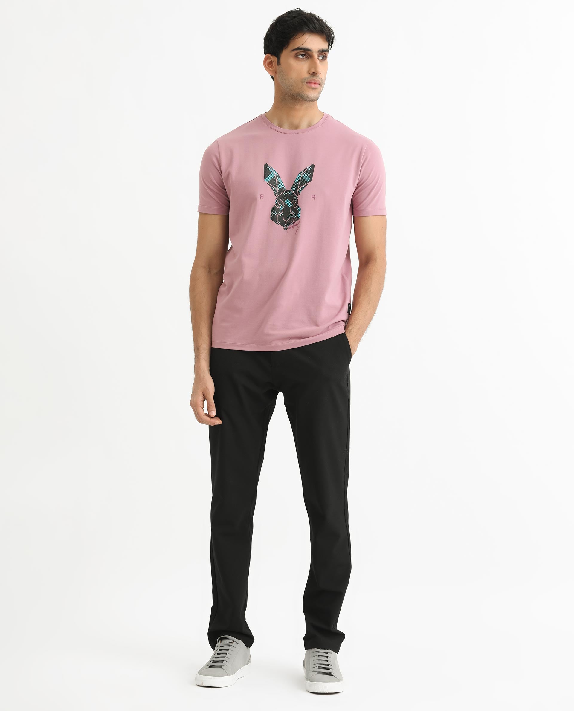 Rare Rabbit Men's Martel Dusky Pink Crew Neck Graphic Printed Logo Hal