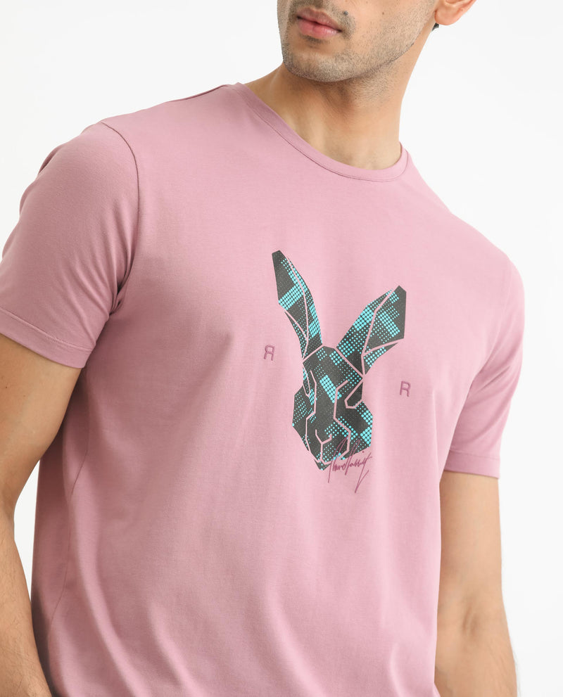 Rare Rabbit Men's Martel Dusky Pink Crew Neck Graphic Printed Logo Half Sleeves Slim Fit T-Shirt