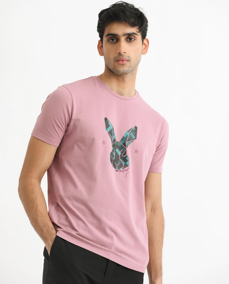 Rare Rabbit Men's Martel Dusky Pink Crew Neck Graphic Printed Logo Half Sleeves Slim Fit T-Shirt