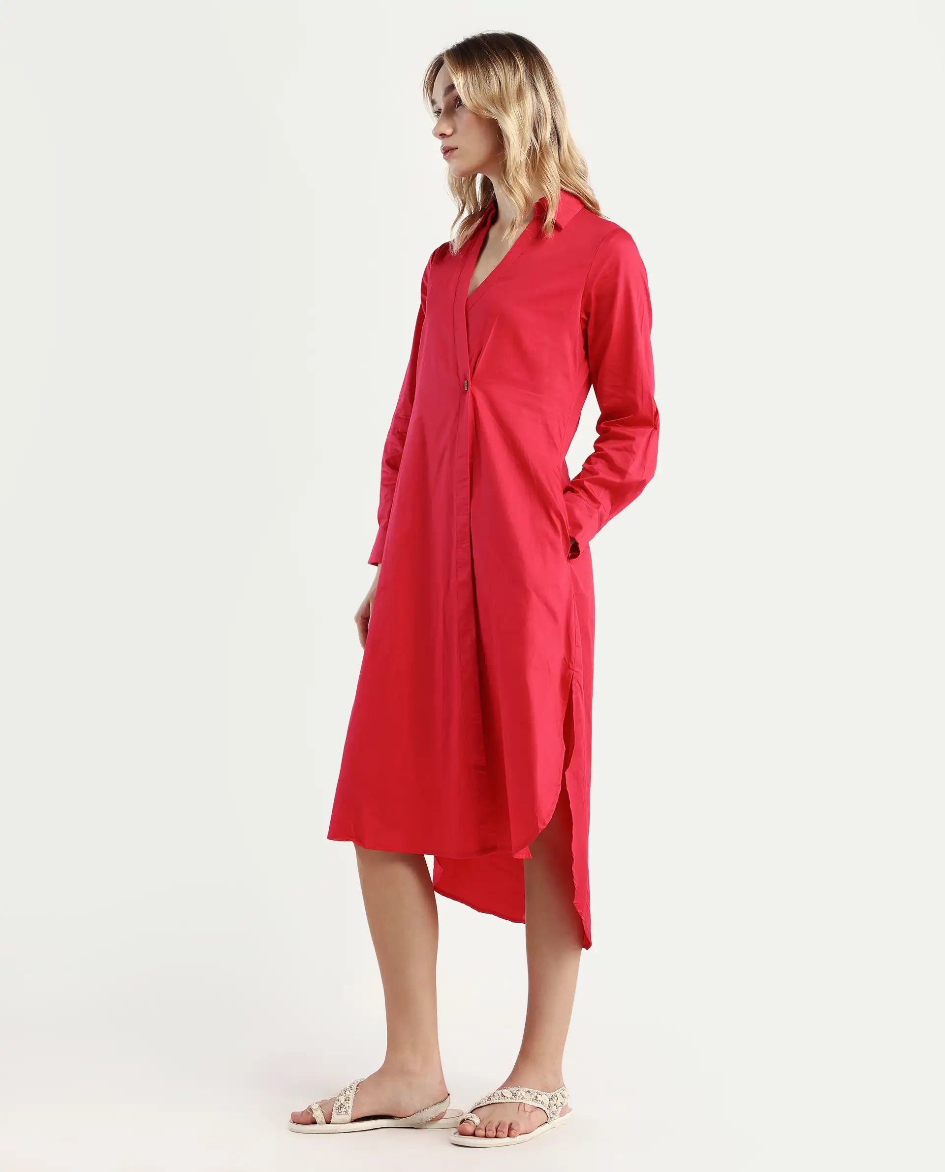 Rareism Women's Marunara Red Cotton Blend Johnny Collar Plain Cuffed Sleeve Midi Relaxed Fit Dress