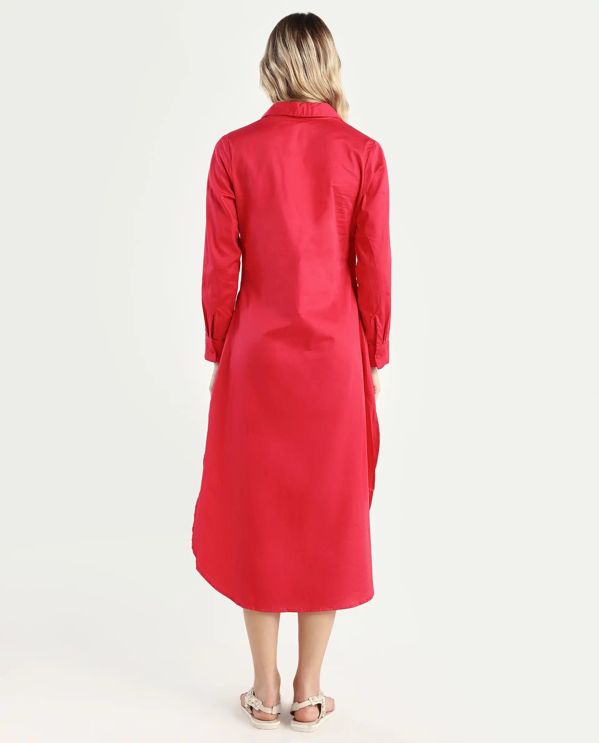 Rareism Women's Marunara Red Cotton Blend Johnny Collar Plain Cuffed Sleeve Midi Relaxed Fit Dress