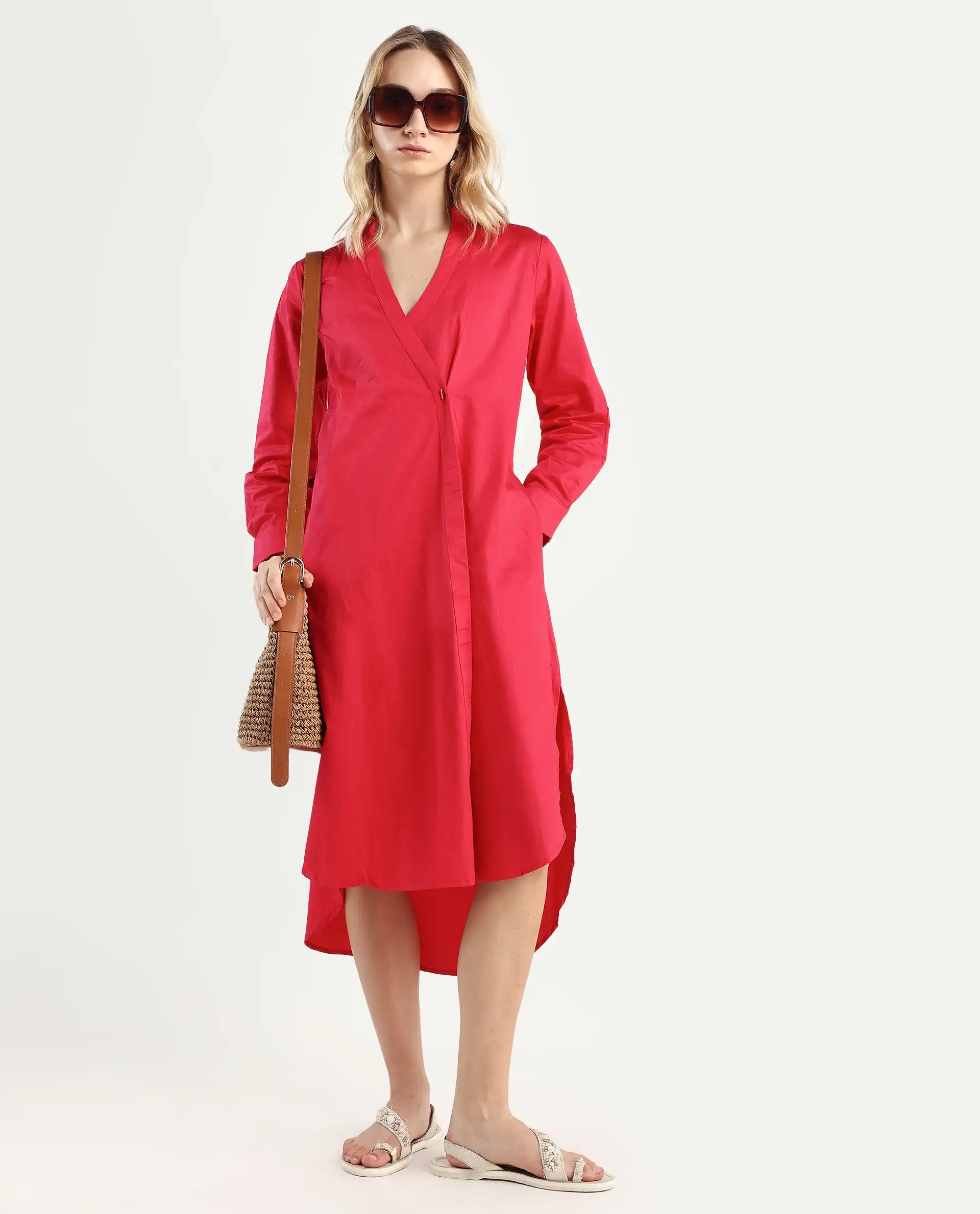 Rareism Women's Marunara Red Cotton Blend Johnny Collar Plain Cuffed Sleeve Midi Relaxed Fit Dress