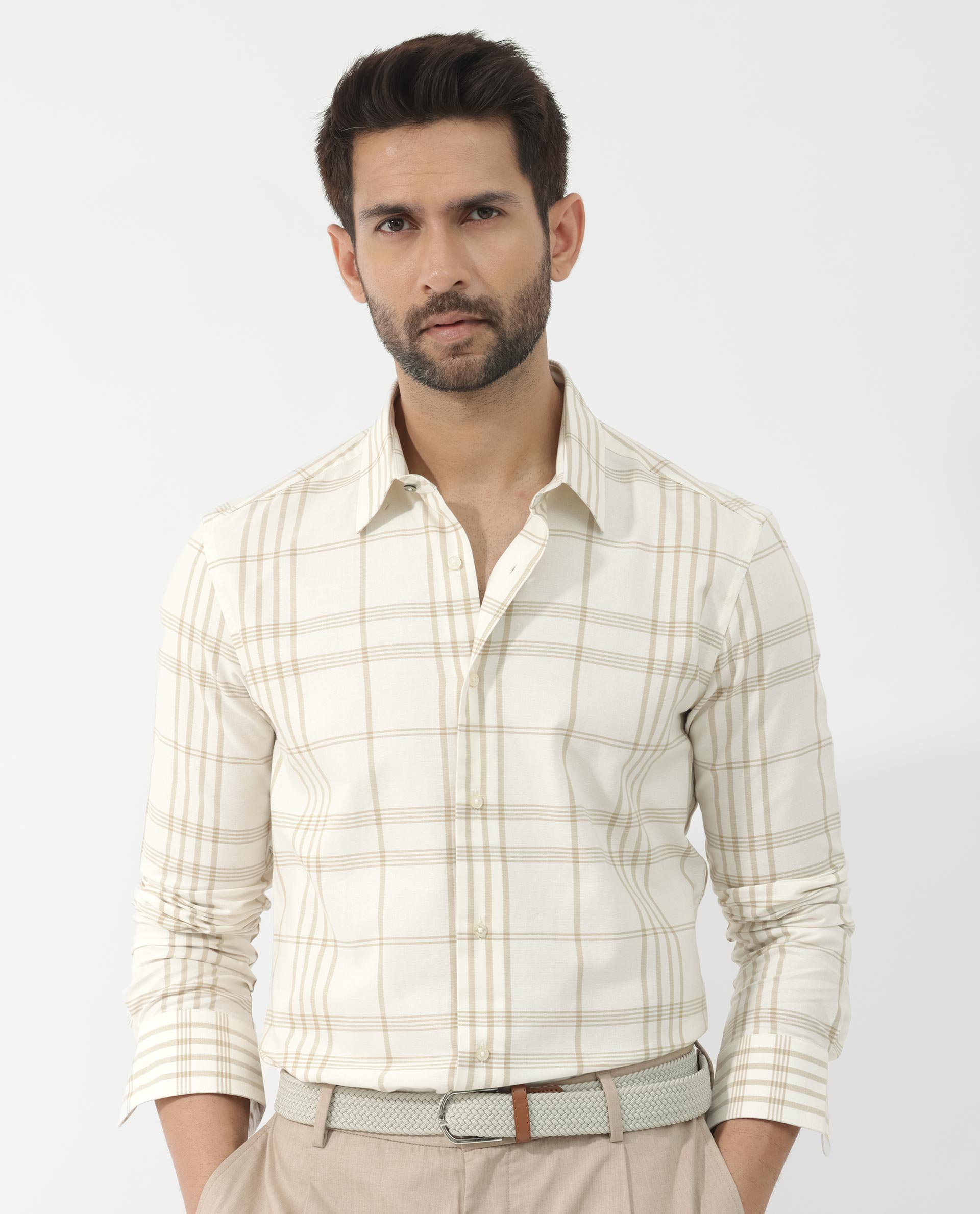 Rare Rabbit Men's Marvel Off White Cotton Full Sleeve Checks Shirt