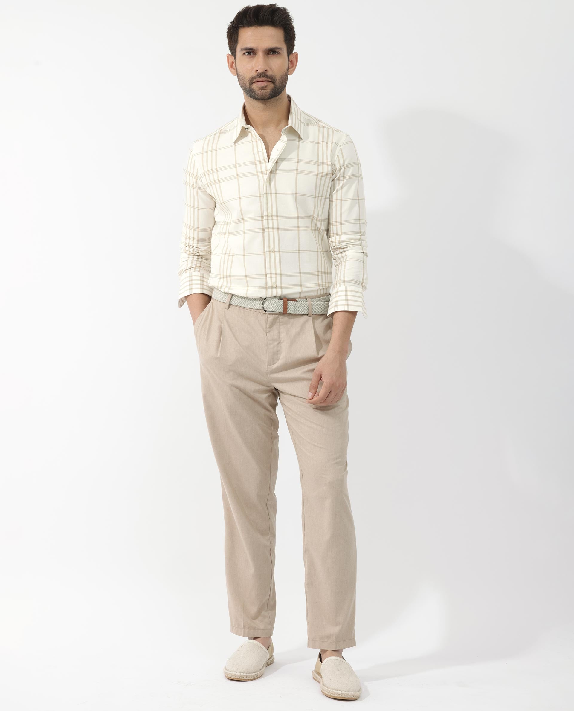 Rare Rabbit Men's Marvel Off White Cotton Full Sleeve Checks Shirt