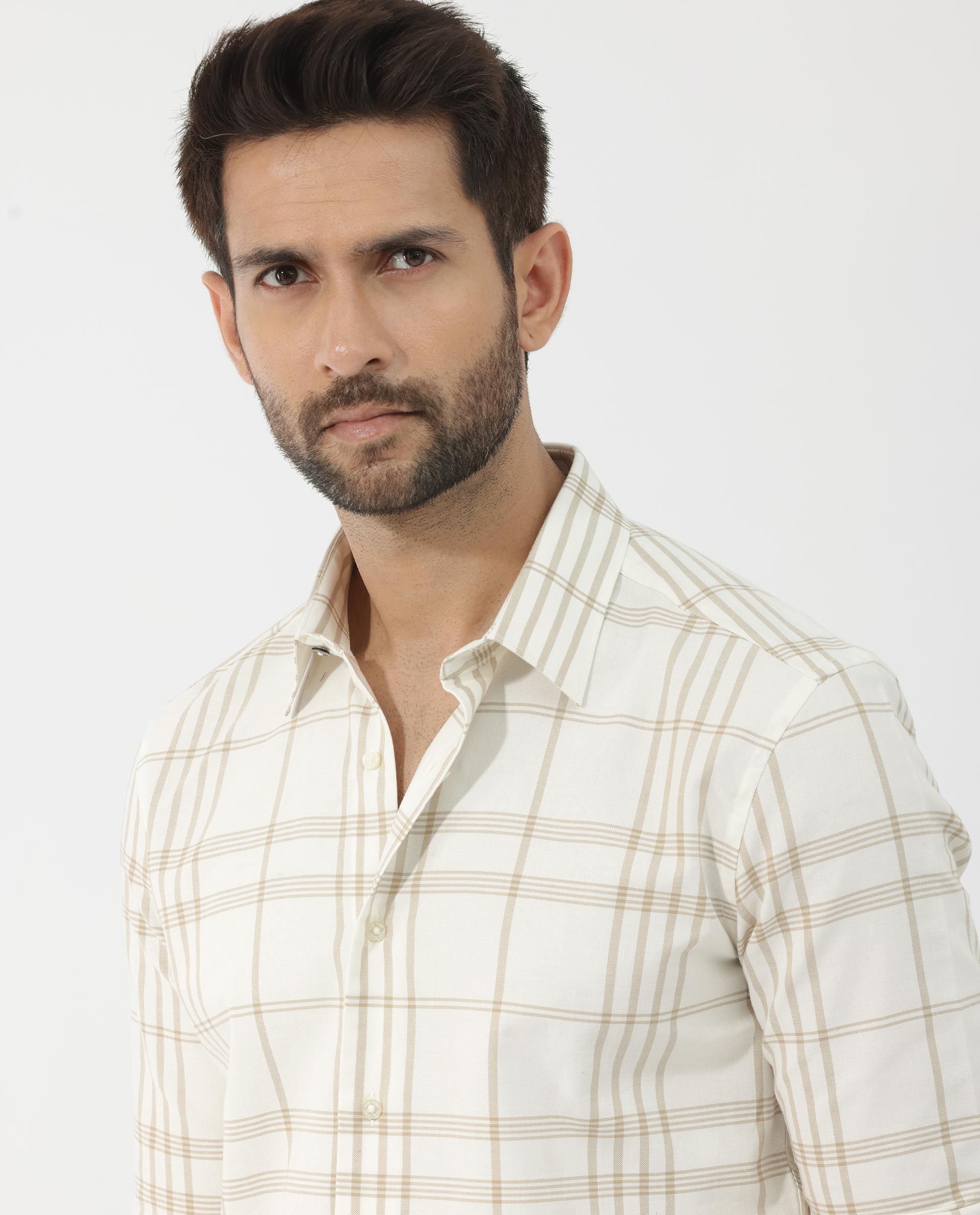 Rare Rabbit Men's Marvel Off White Cotton Full Sleeve Checks Shirt