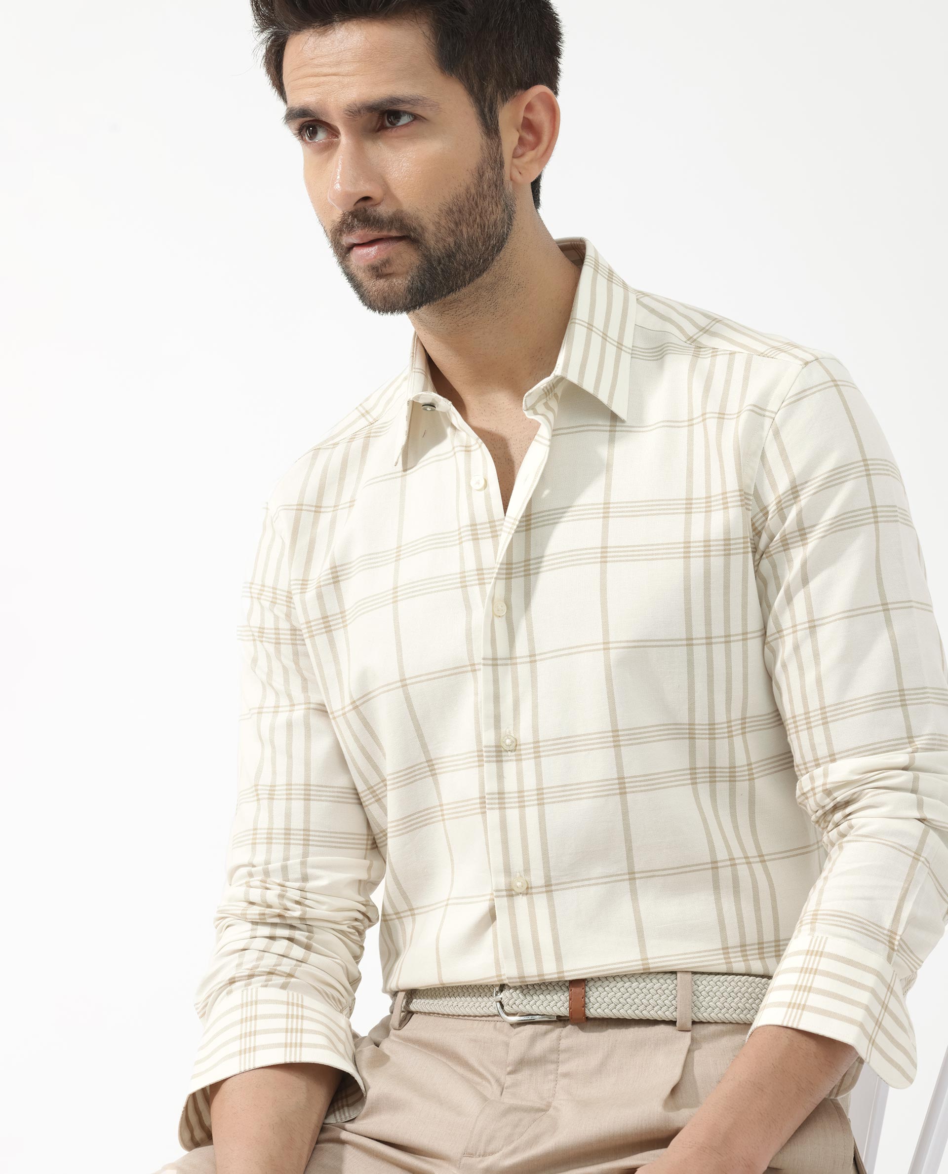 Rare Rabbit Men's Marvel Off White Cotton Full Sleeve Checks Shirt