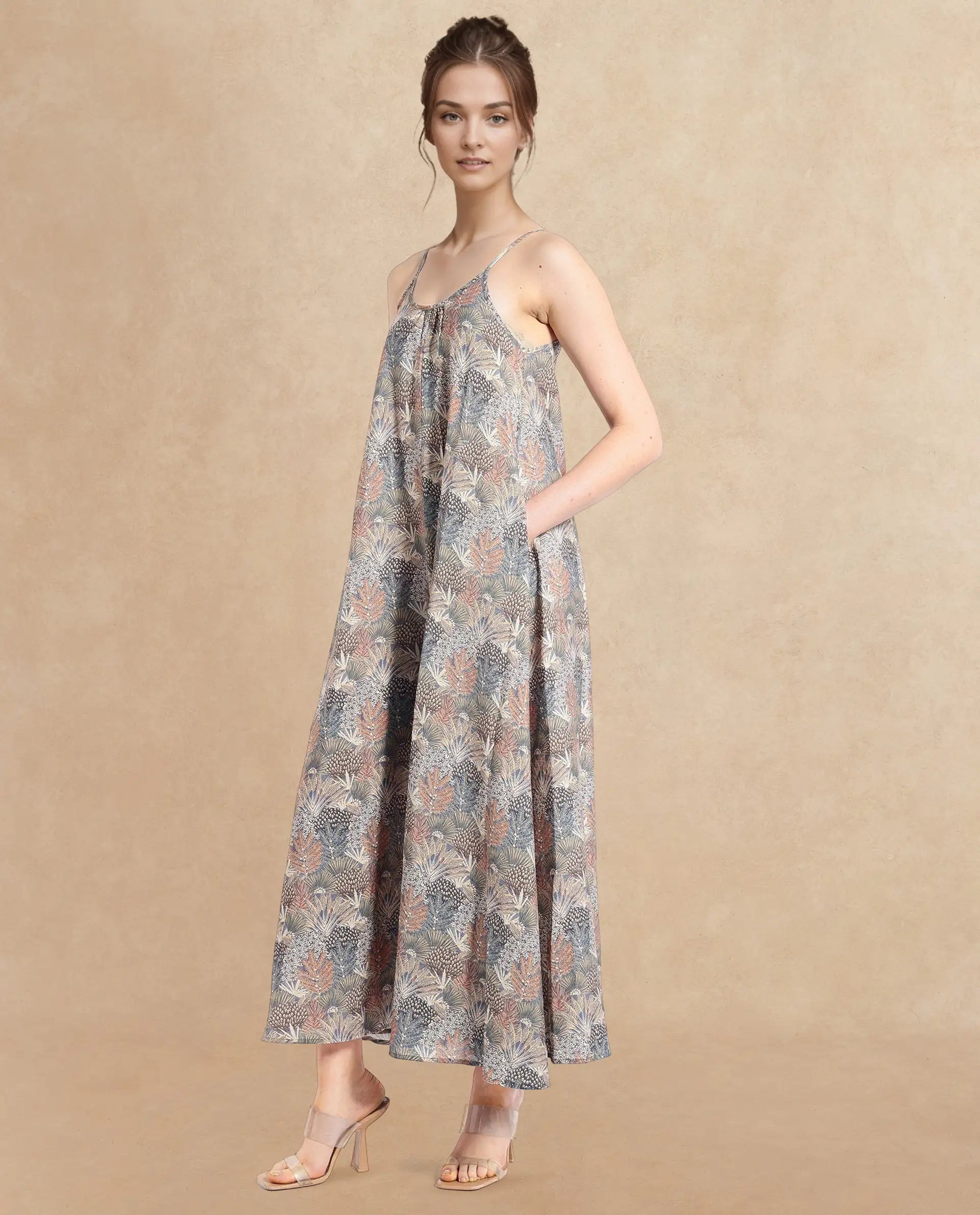 Rareism Women's Marvia Dark Multi Polyester Shoulder Strap Botanical Print Sleeveless Maxi Flared Dress