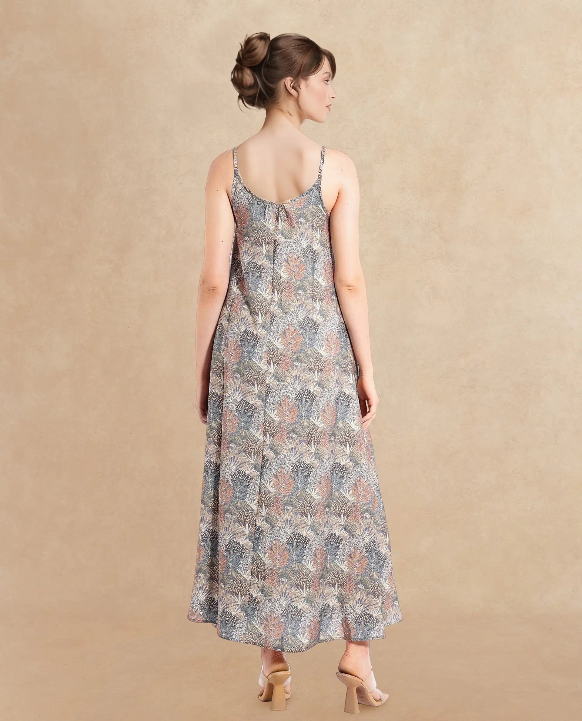 Rareism Women's Marvia Dark Multi Polyester Shoulder Strap Botanical Print Sleeveless Maxi Flared Dress