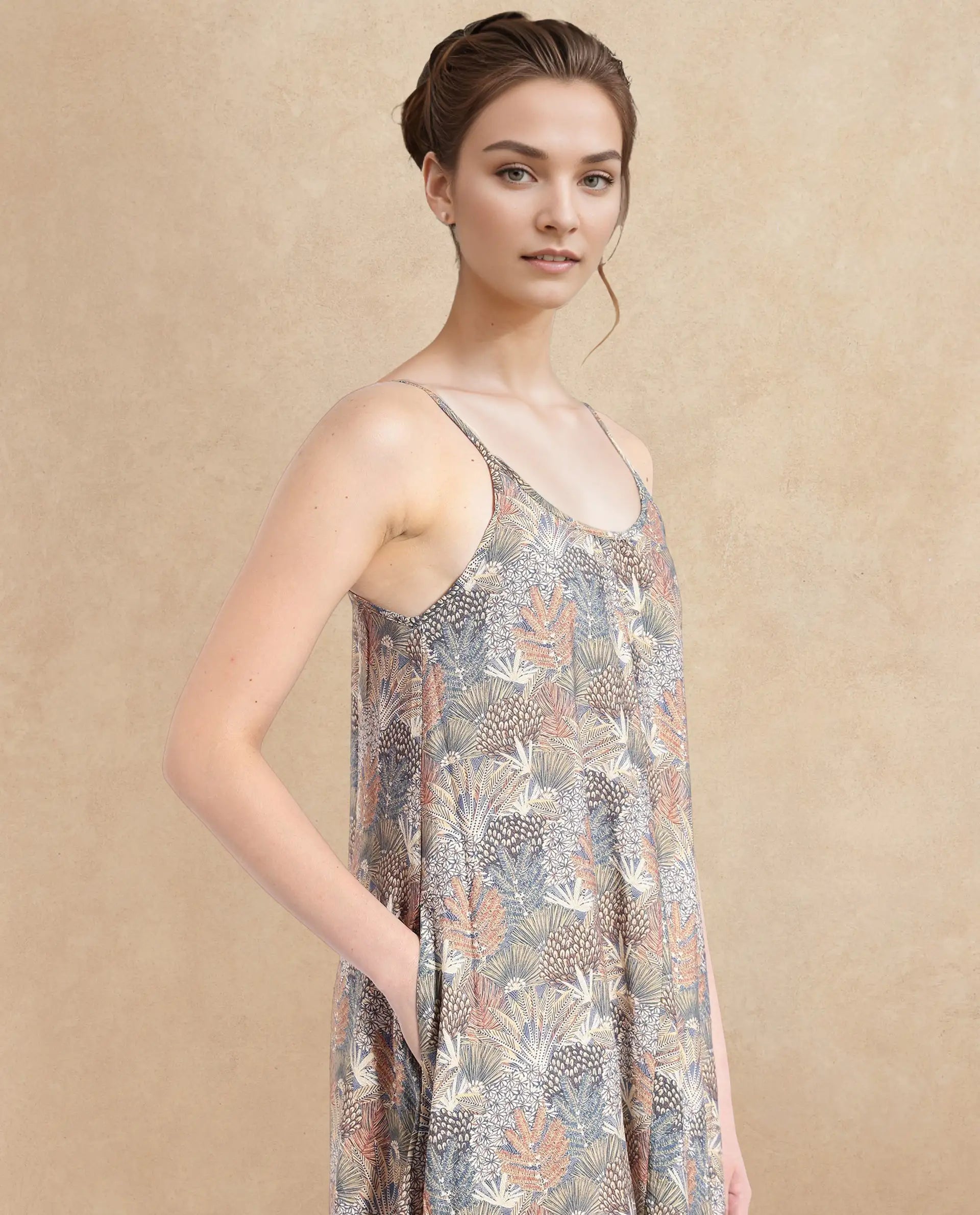 Rareism Women's Marvia Dark Multi Polyester Shoulder Strap Botanical Print Sleeveless Maxi Flared Dress