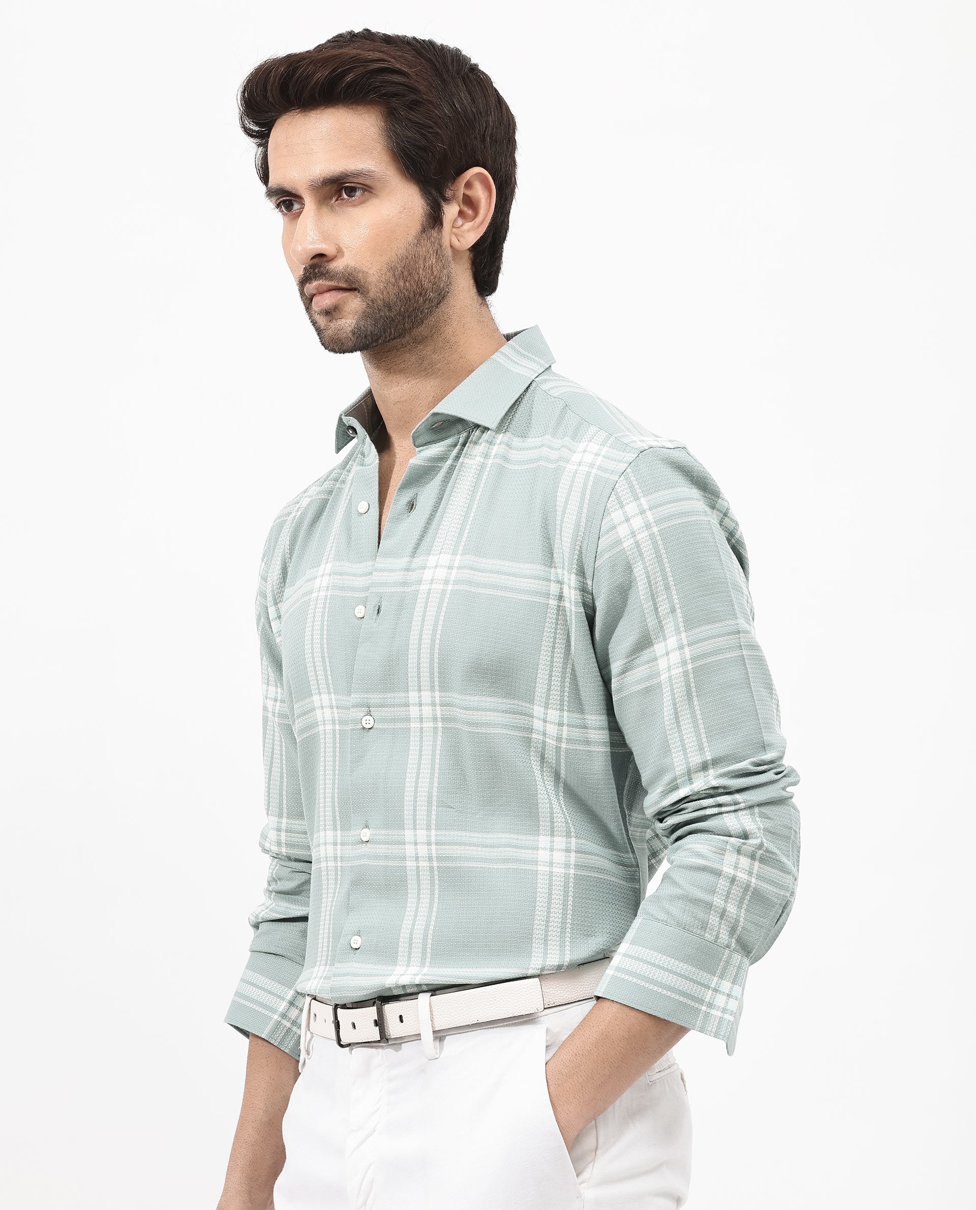 Rare Rabbit Mens Marvon Green Cotton Fabric Full Sleeve Regular Fit Windowpane Checks Shirt