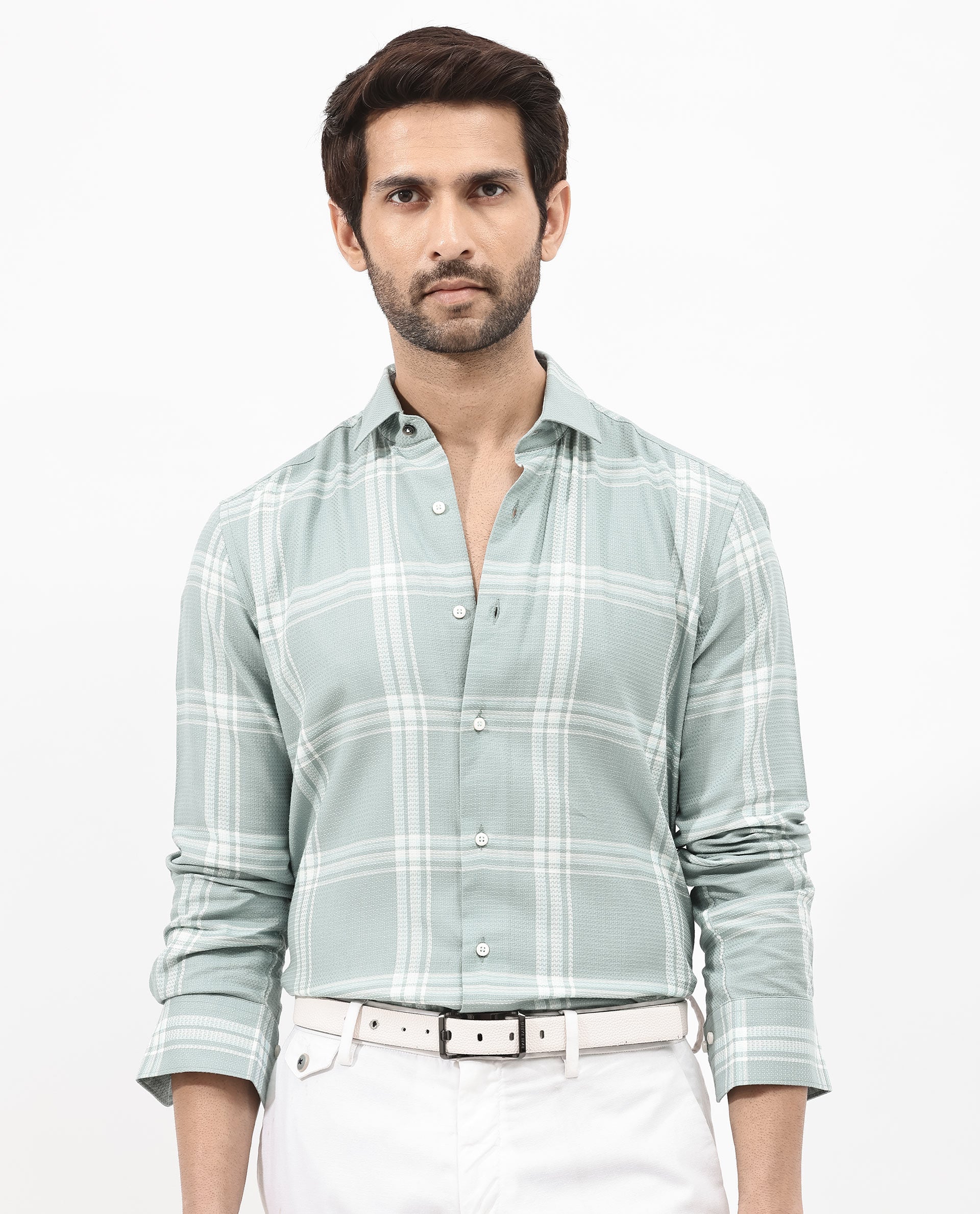 Rare Rabbit Mens Marvon Green Cotton Fabric Full Sleeve Regular Fit Windowpane Checks Shirt