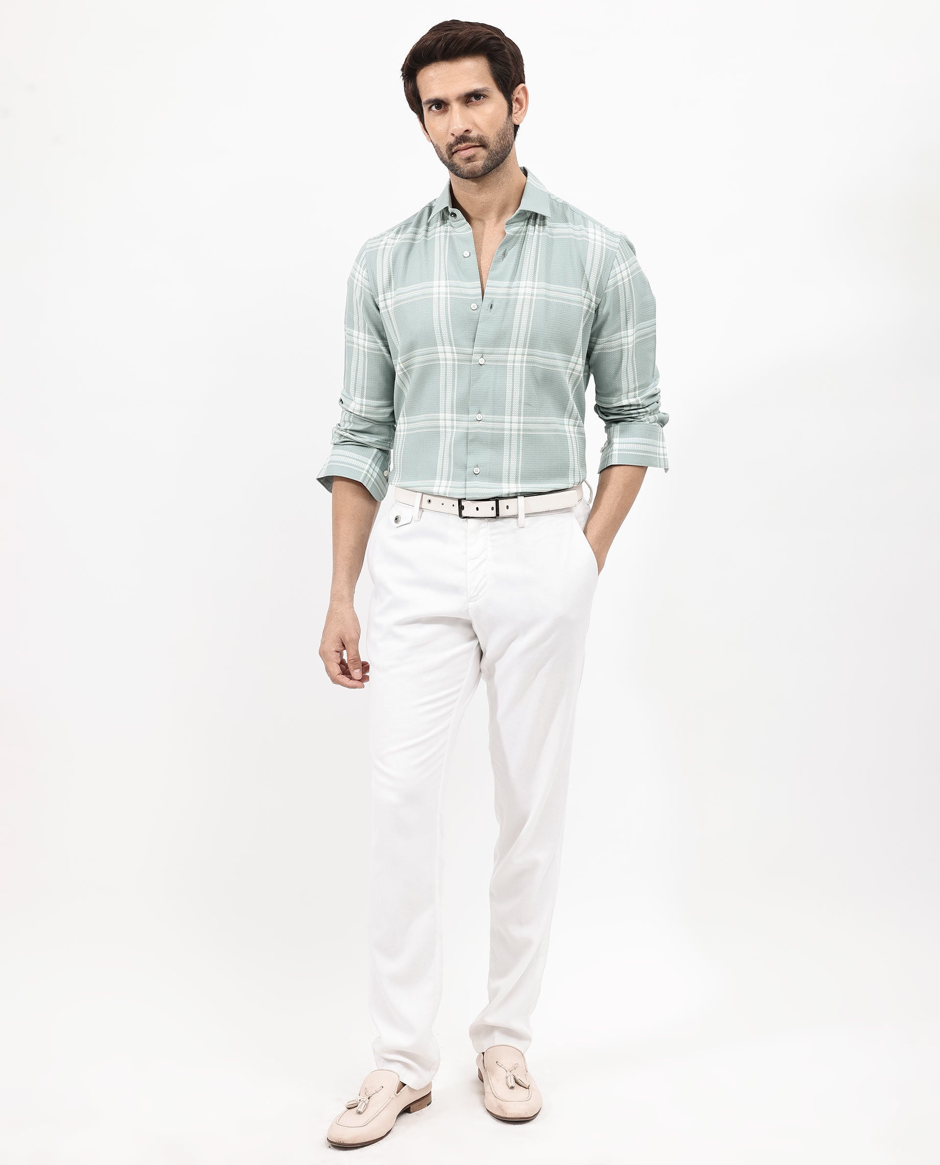 Rare Rabbit Mens Marvon Green Cotton Fabric Full Sleeve Regular Fit Windowpane Checks Shirt