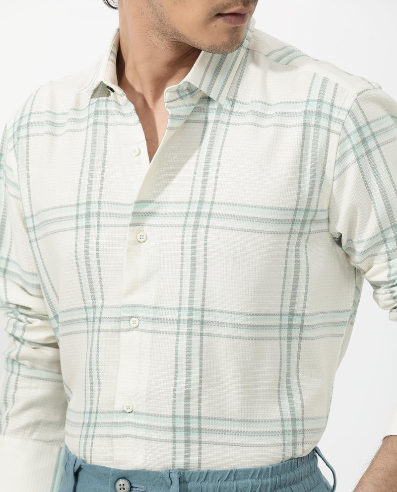 Rare Rabbit Mens Marvon Pastel Off White Cotton Fabric Full Sleeve Regular Fit Windowpane nChecks Shirt
