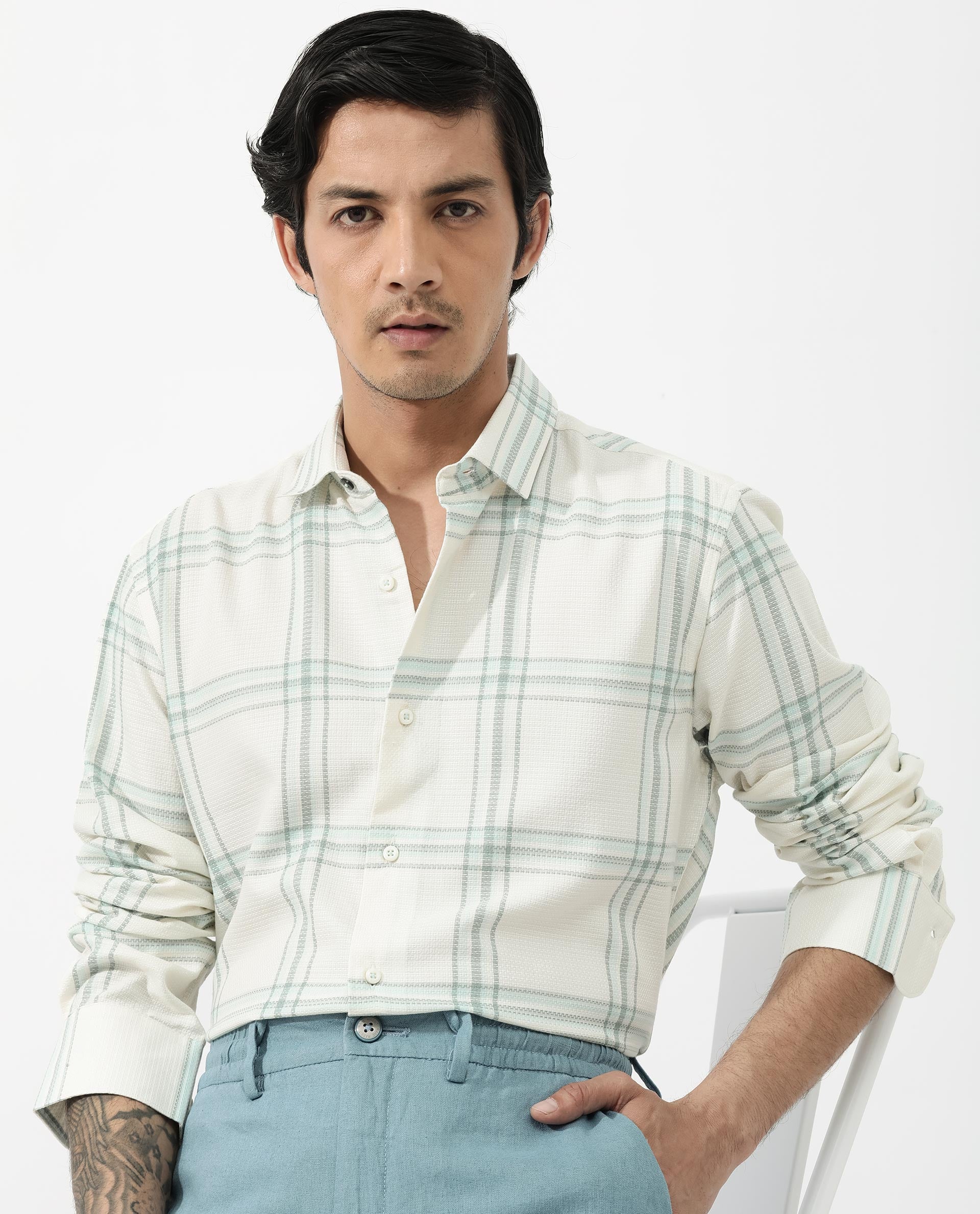 Rare Rabbit Mens Marvon Pastel Off White Cotton Fabric Full Sleeve Regular Fit Windowpane nChecks Shirt