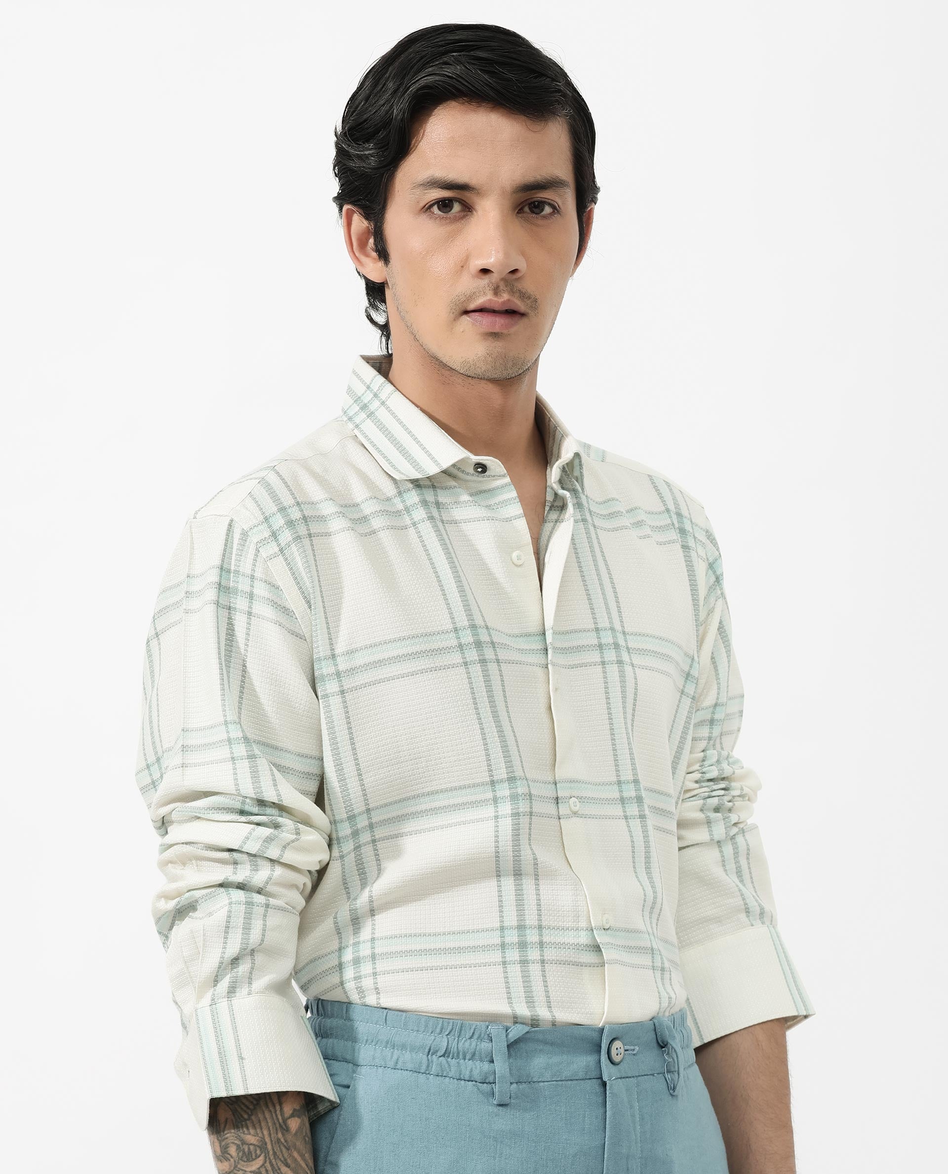 Rare Rabbit Mens Marvon Pastel Off White Cotton Fabric Full Sleeve Regular Fit Windowpane nChecks Shirt