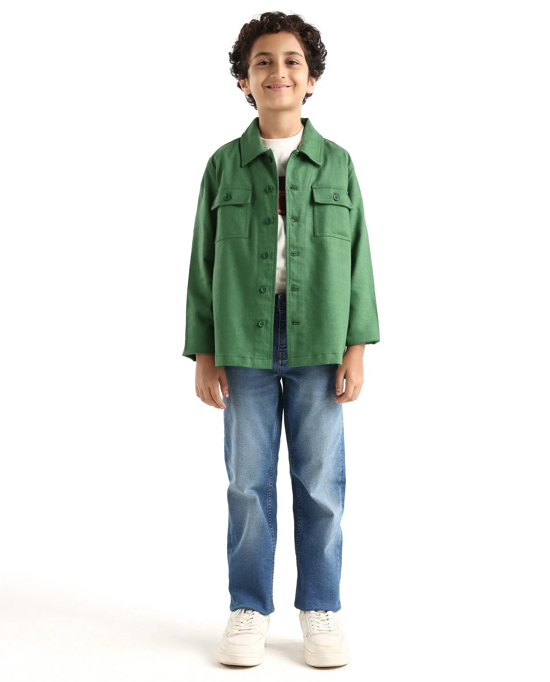 Rare Ones Kids Masa Green Cotton Button Closure Flat Collar Plain Full Sleeves Slim Fit Jacket