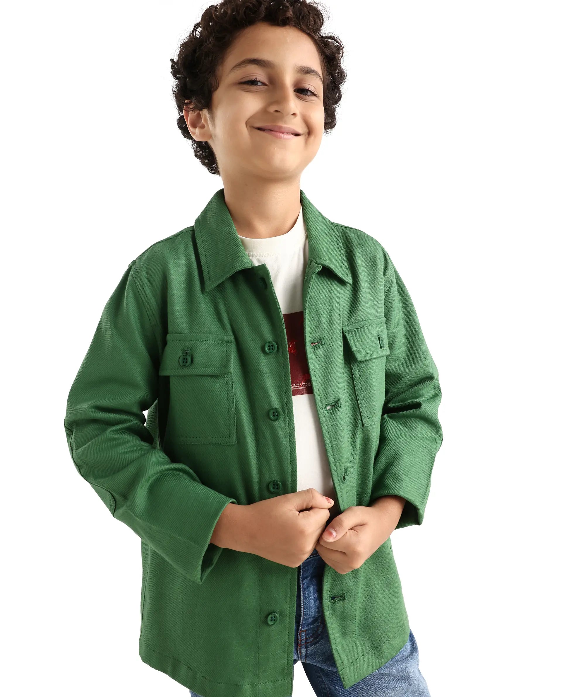 Rare Ones Kids Masa Green Cotton Button Closure Flat Collar Plain Full Sleeves Slim Fit Jacket