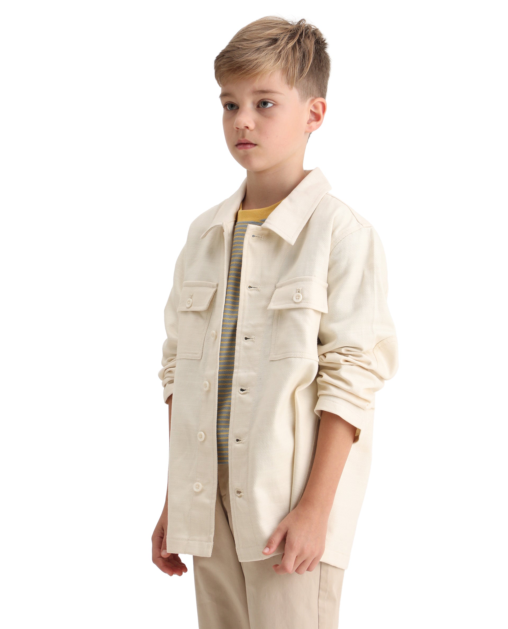 Rare Ones Kids Masa Off White Cotton Button Closure Flat Collar Plain Full Sleeves Slim Fit Jacket