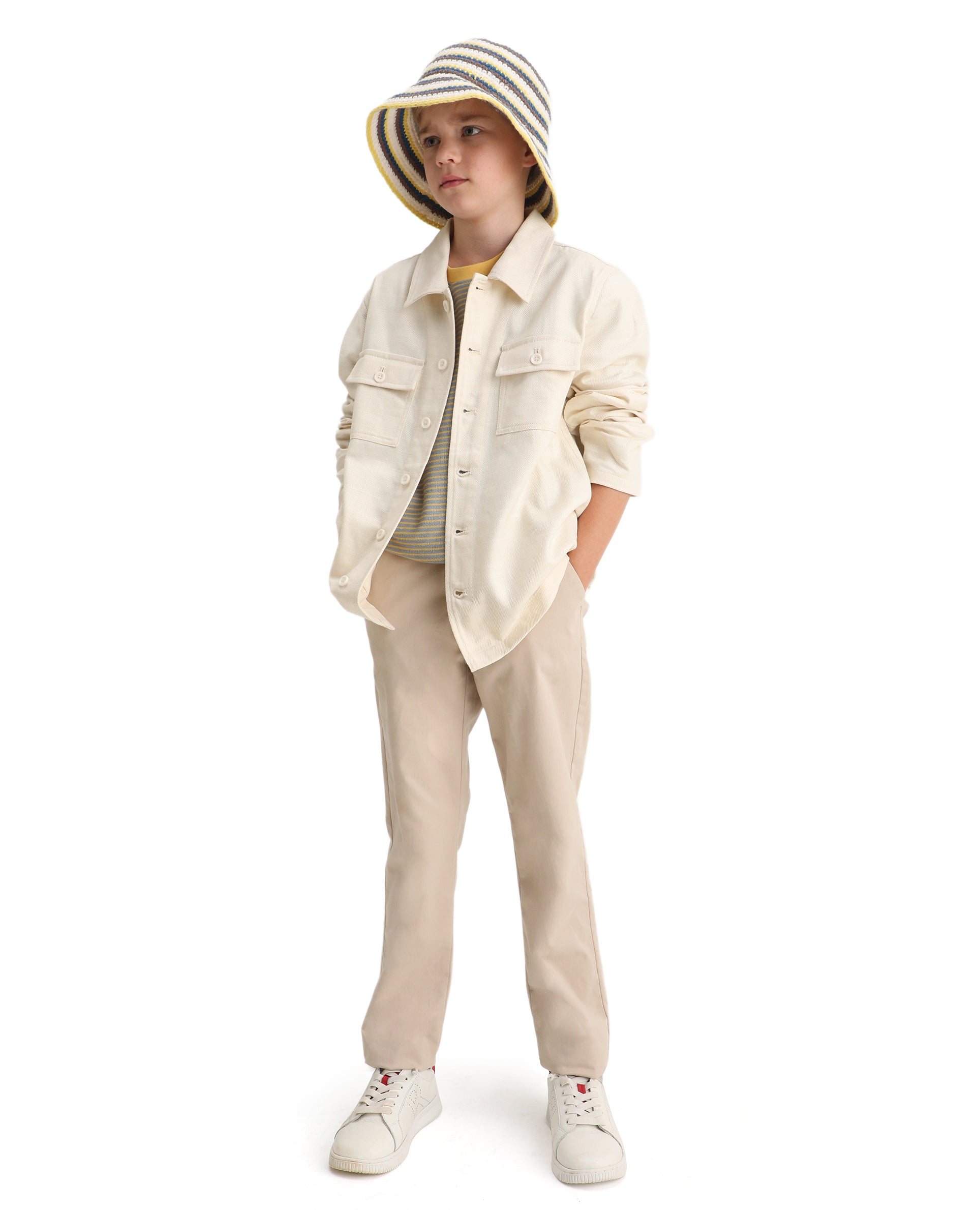 Rare Ones Kids Masa Off White Cotton Button Closure Flat Collar Plain Full Sleeves Slim Fit Jacket