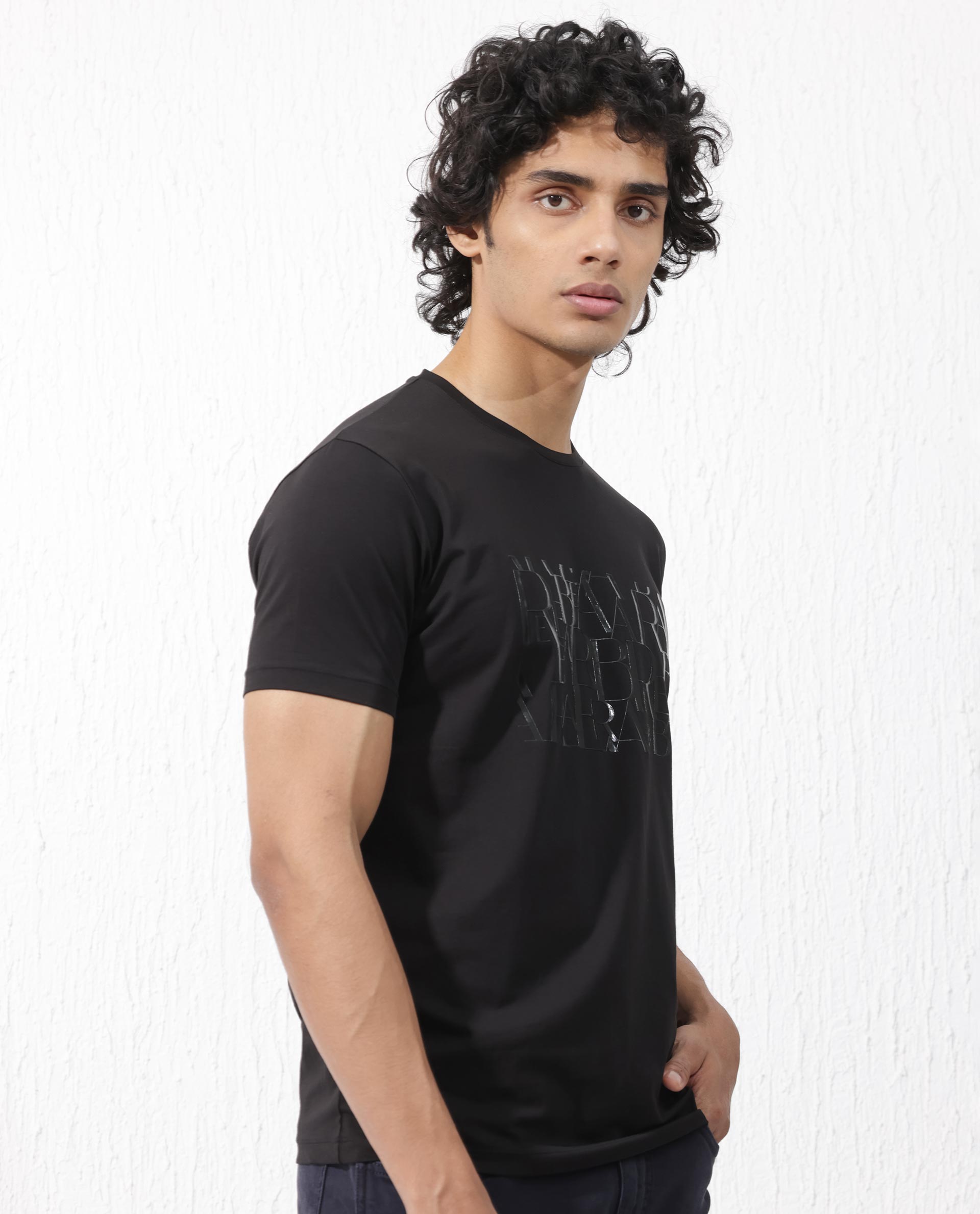 Rare Rabbit Men's Masco Black Cotton Lycra Fabric Half Sleeves Graphic Print T-Shirt