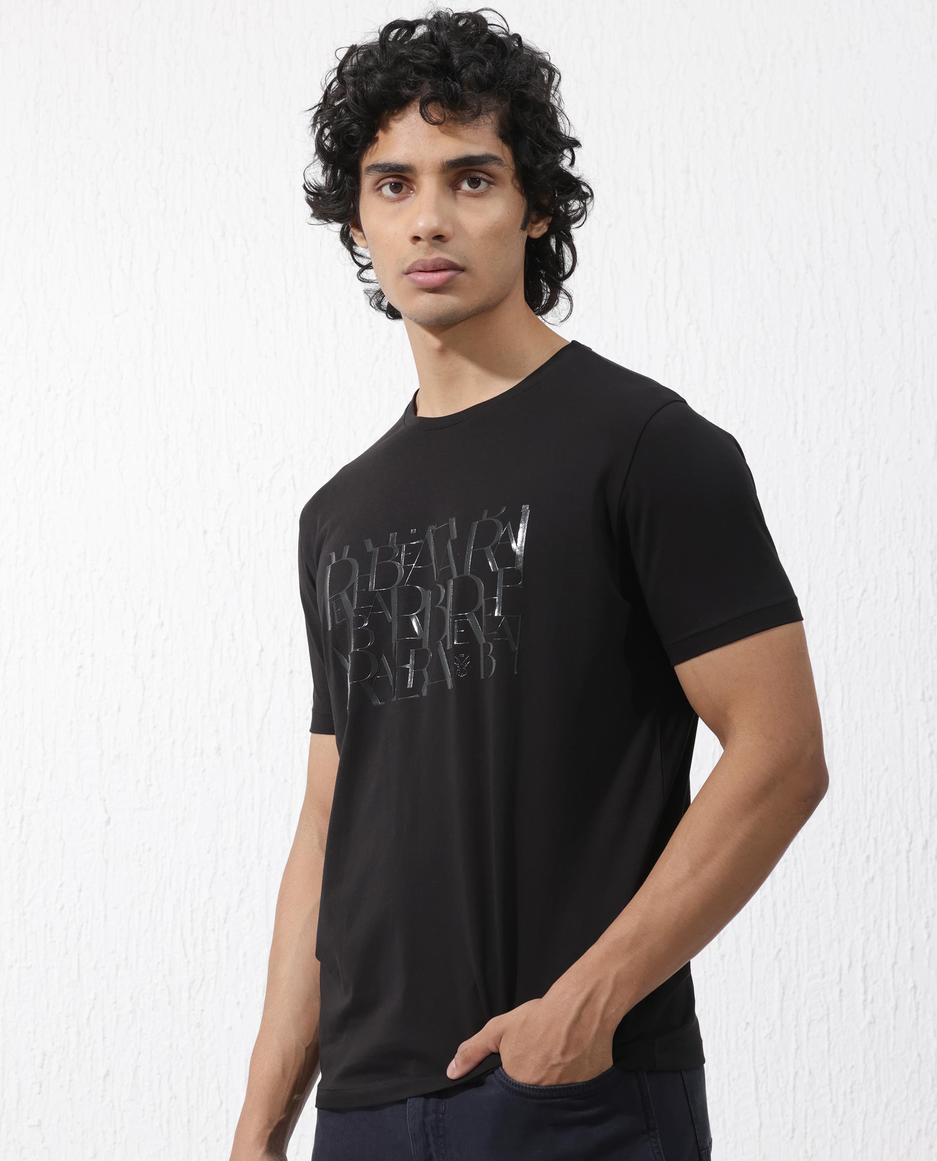 Rare Rabbit Men's Masco Black Cotton Lycra Fabric Half Sleeves Graphic Print T-Shirt