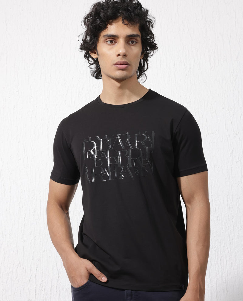 Rare Rabbit Men's Masco Black Cotton Lycra Fabric Half Sleeves Graphic Print T-Shirt