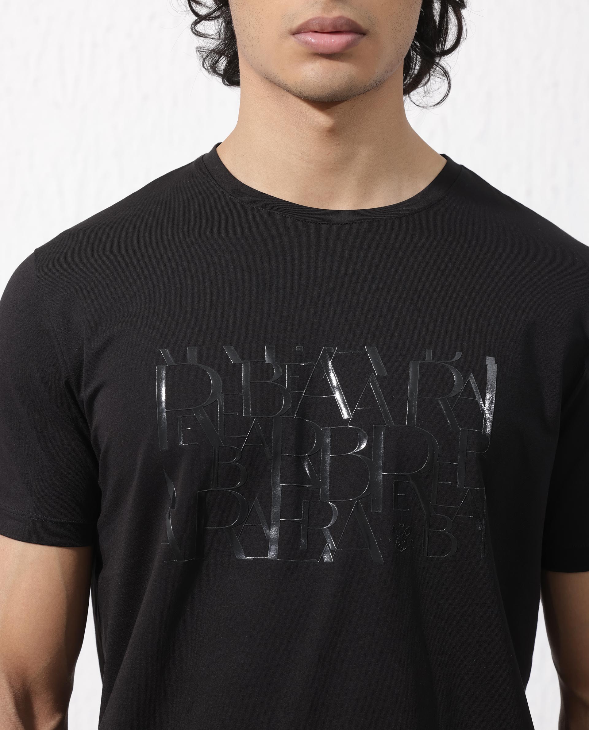 Rare Rabbit Men's Masco Black Cotton Lycra Fabric Half Sleeves Graphic Print T-Shirt