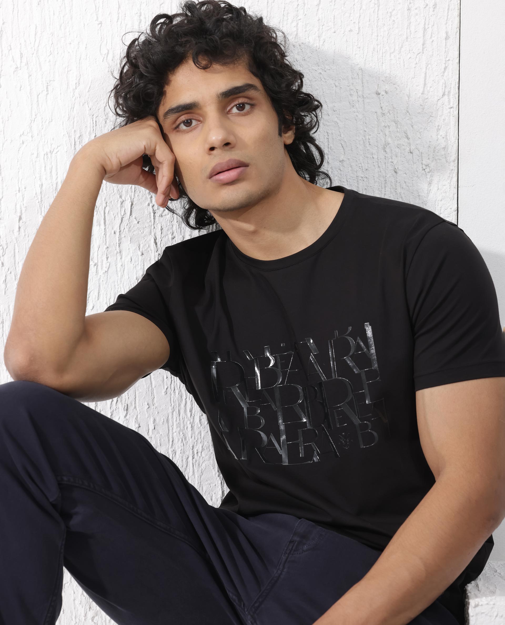 Rare Rabbit Men's Masco Black Cotton Lycra Fabric Half Sleeves Graphic Print T-Shirt