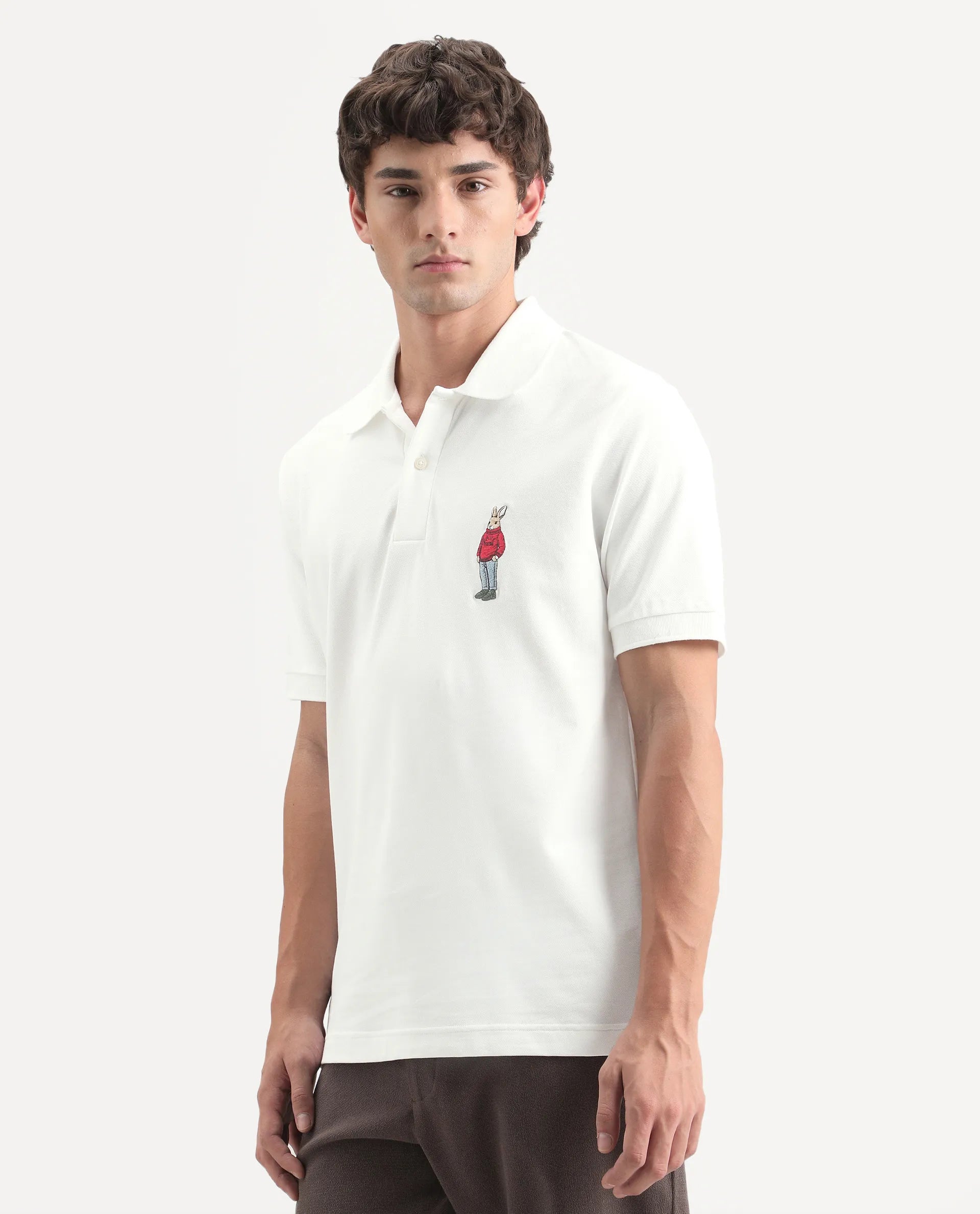 Rare Rabbit Men's Mascos White Cotton Blend Spread Collar Regular Fit Embroidered Polo