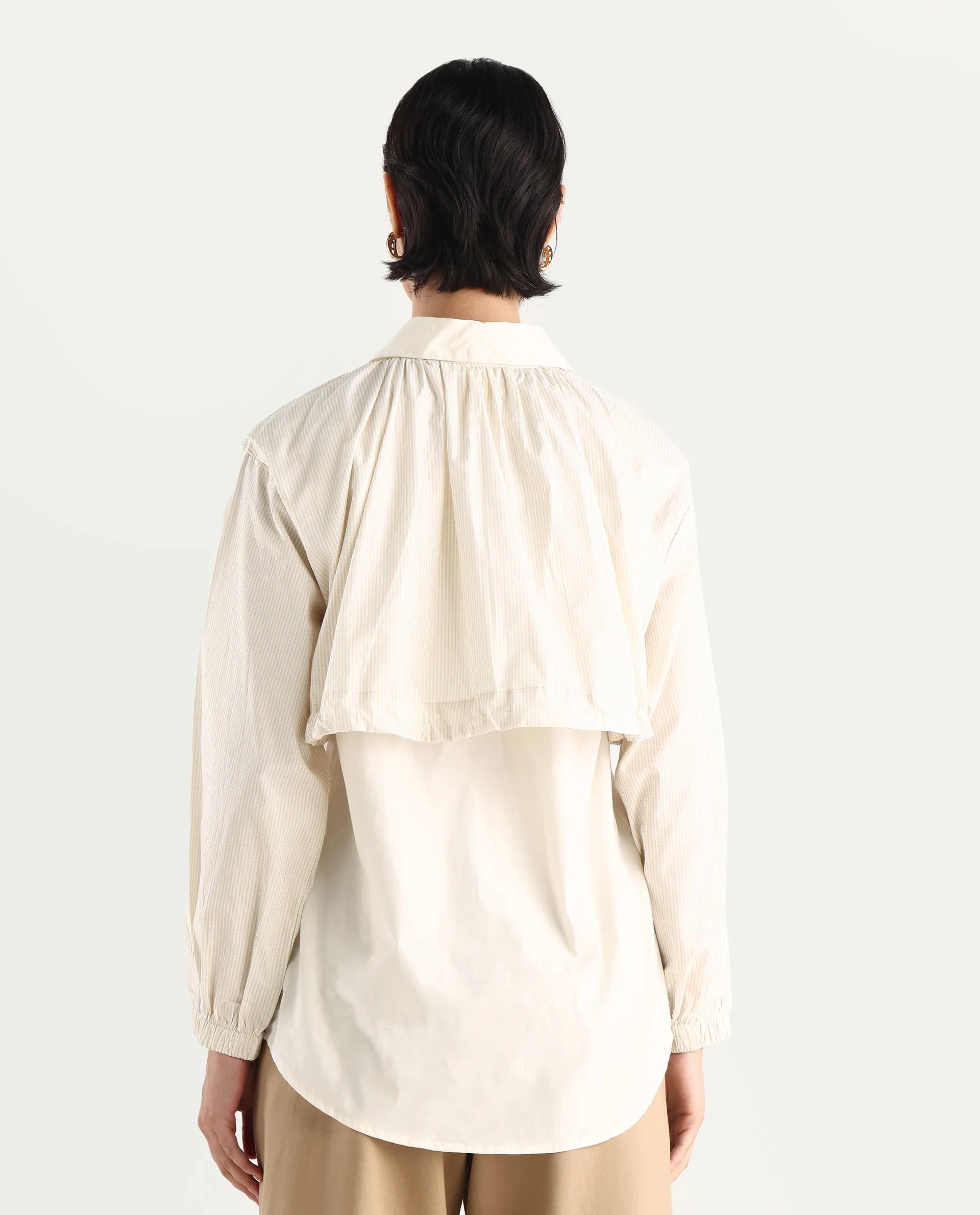 Rareism Women's Mash Beige Cotton Blend Drop Collar Checked Cuffed Sleeve Relaxed Fit Top