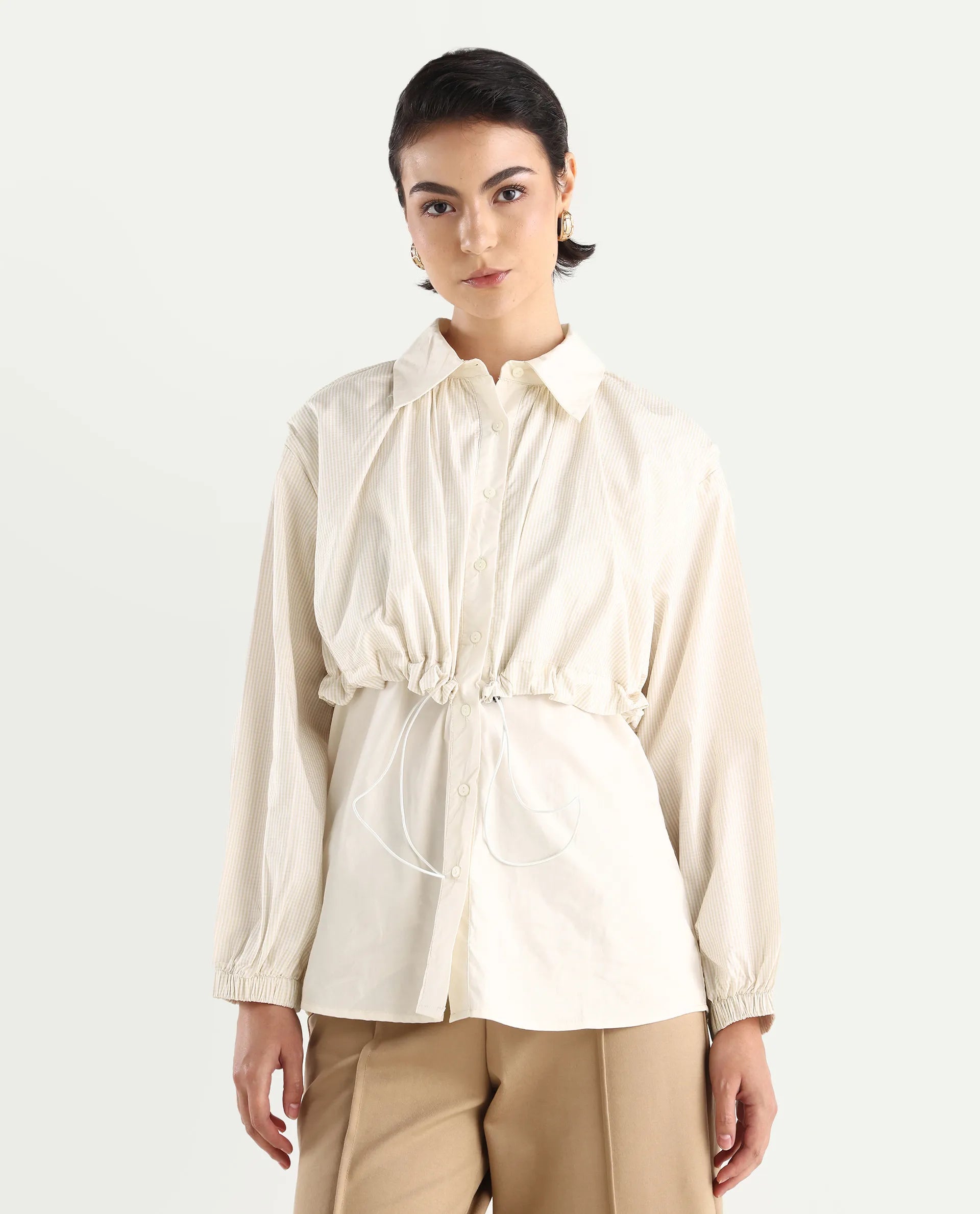 Rareism Women's Mash Beige Cotton Blend Drop Collar Checked Cuffed Sleeve Relaxed Fit Top