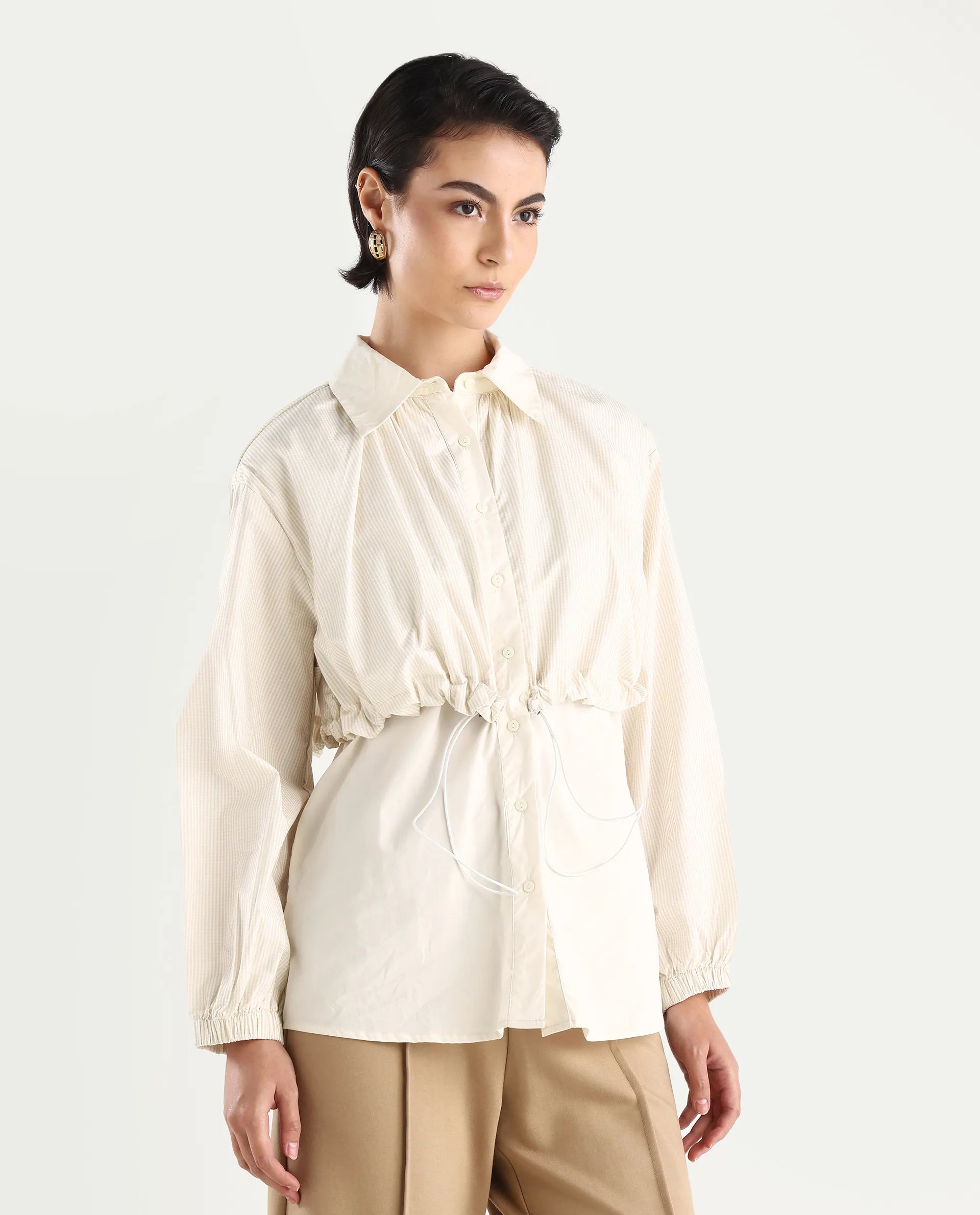 Rareism Women's Mash Beige Cotton Blend Drop Collar Checked Cuffed Sleeve Relaxed Fit Top