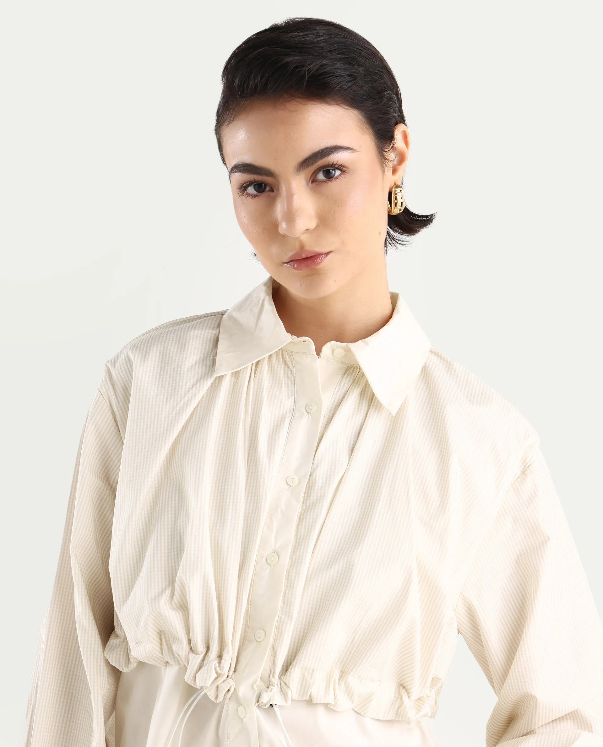 Rareism Women's Mash Beige Cotton Blend Drop Collar Checked Cuffed Sleeve Relaxed Fit Top