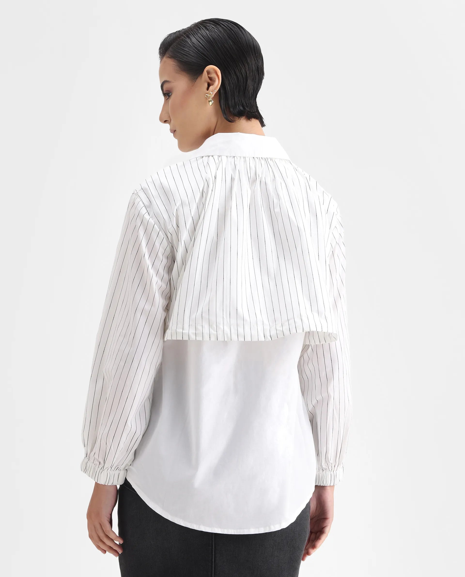 Rareism Women's Mashed White Cotton Blend Drop Collar Striped Cuffed Sleeve Relaxed Fit Top