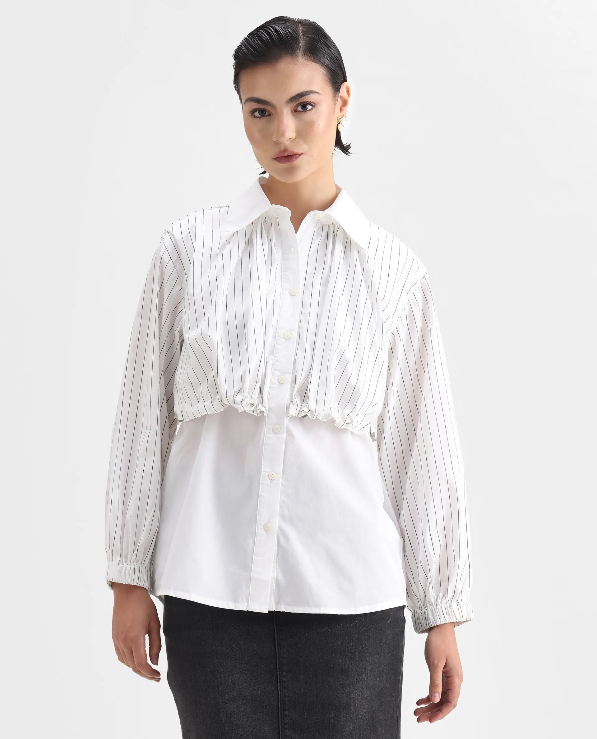 Rareism Women's Mashed White Cotton Blend Drop Collar Striped Cuffed Sleeve Relaxed Fit Top